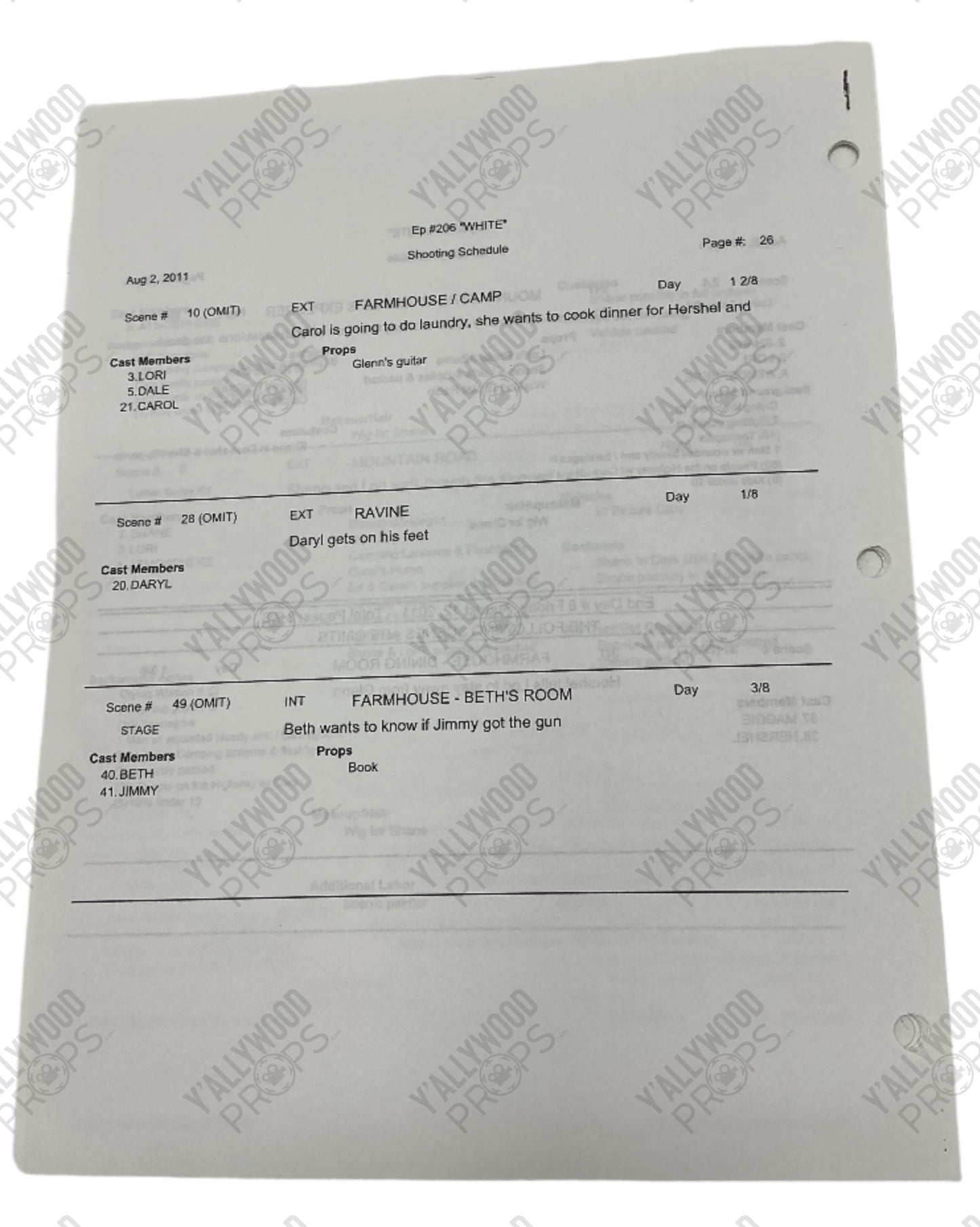 Shooting Schedule S2E6 The Walking Dead Movie Prop Y'allywood Props