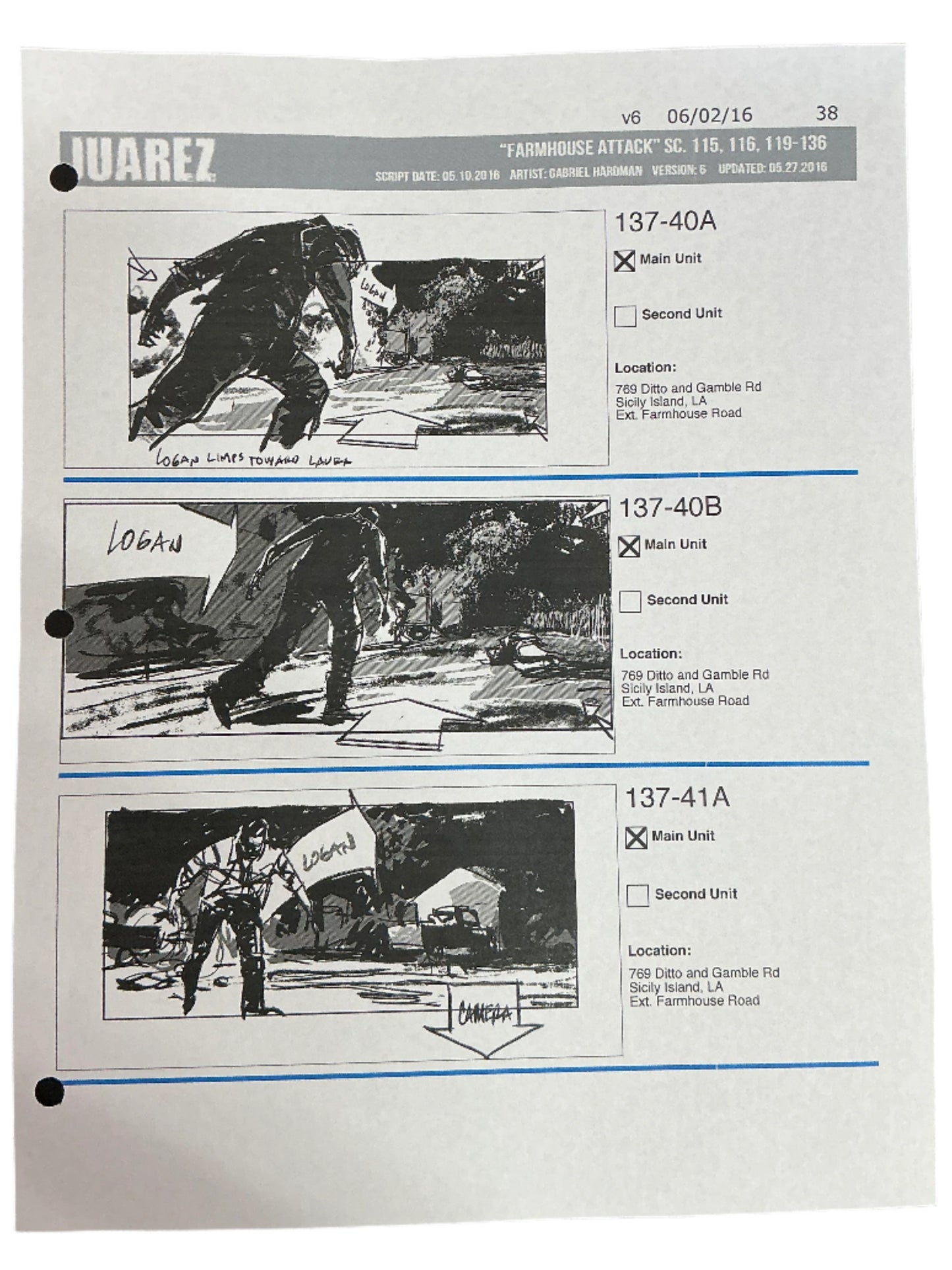 Storyboards Juarez Scene 115, 116, 119-136 Logan (2017)