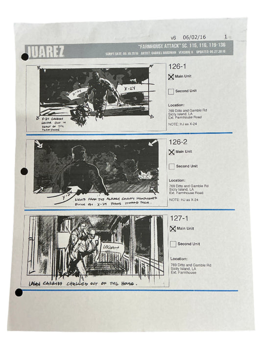 Storyboards Juarez Scene 115, 116, 119-136 Logan (2017) Memorabilia Y'allywood Props Paper 1