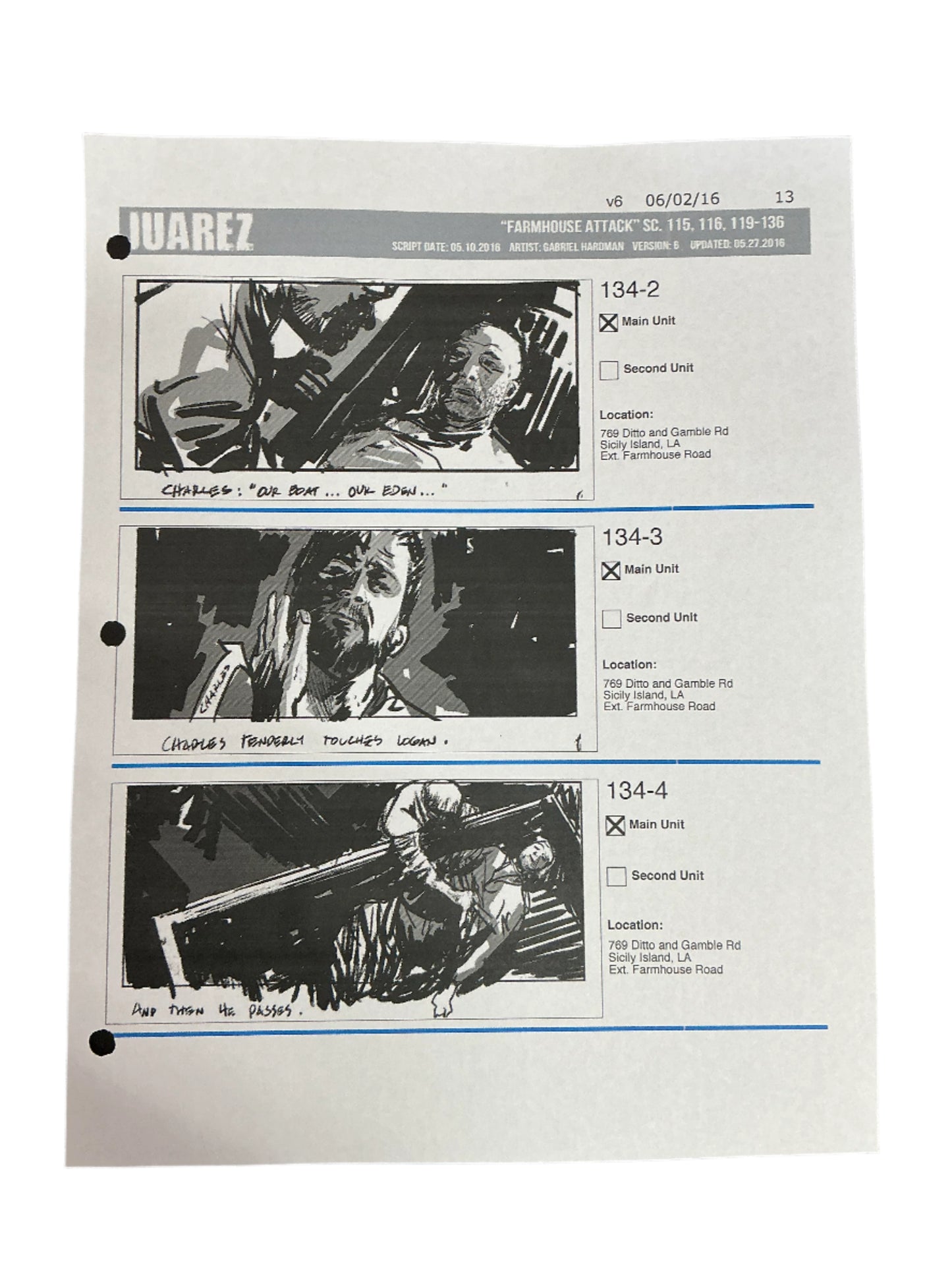 Storyboards Juarez Scene 115, 116, 119-136 Logan (2017) Memorabilia Y'allywood Props Paper 13