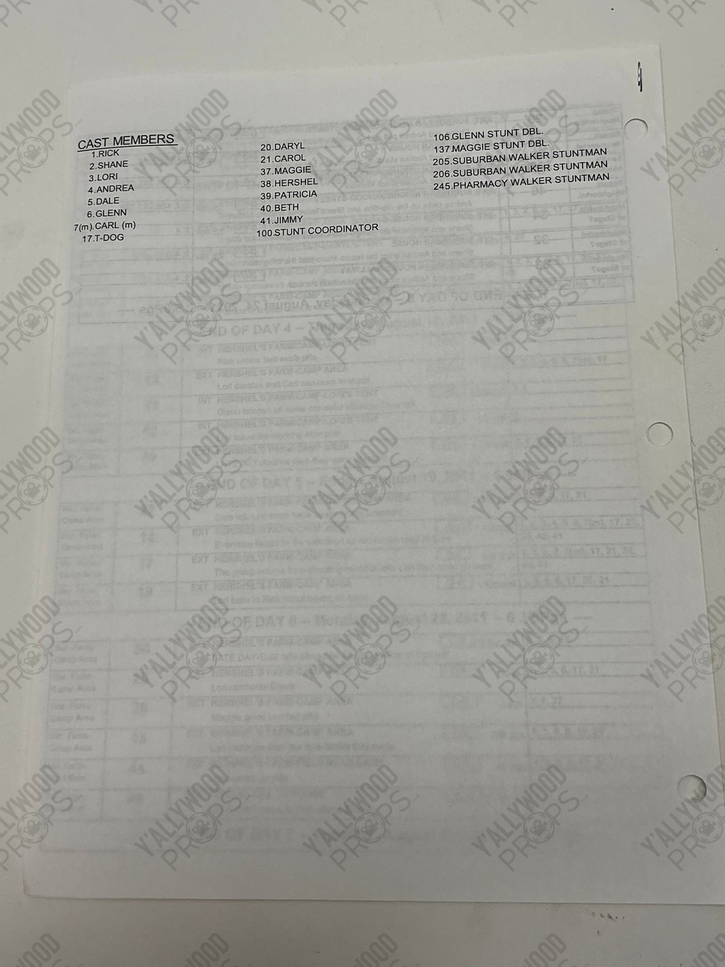 Prelim Shooting Schedule S2E7 The Walking Dead Movie Prop Y'allywood Props
