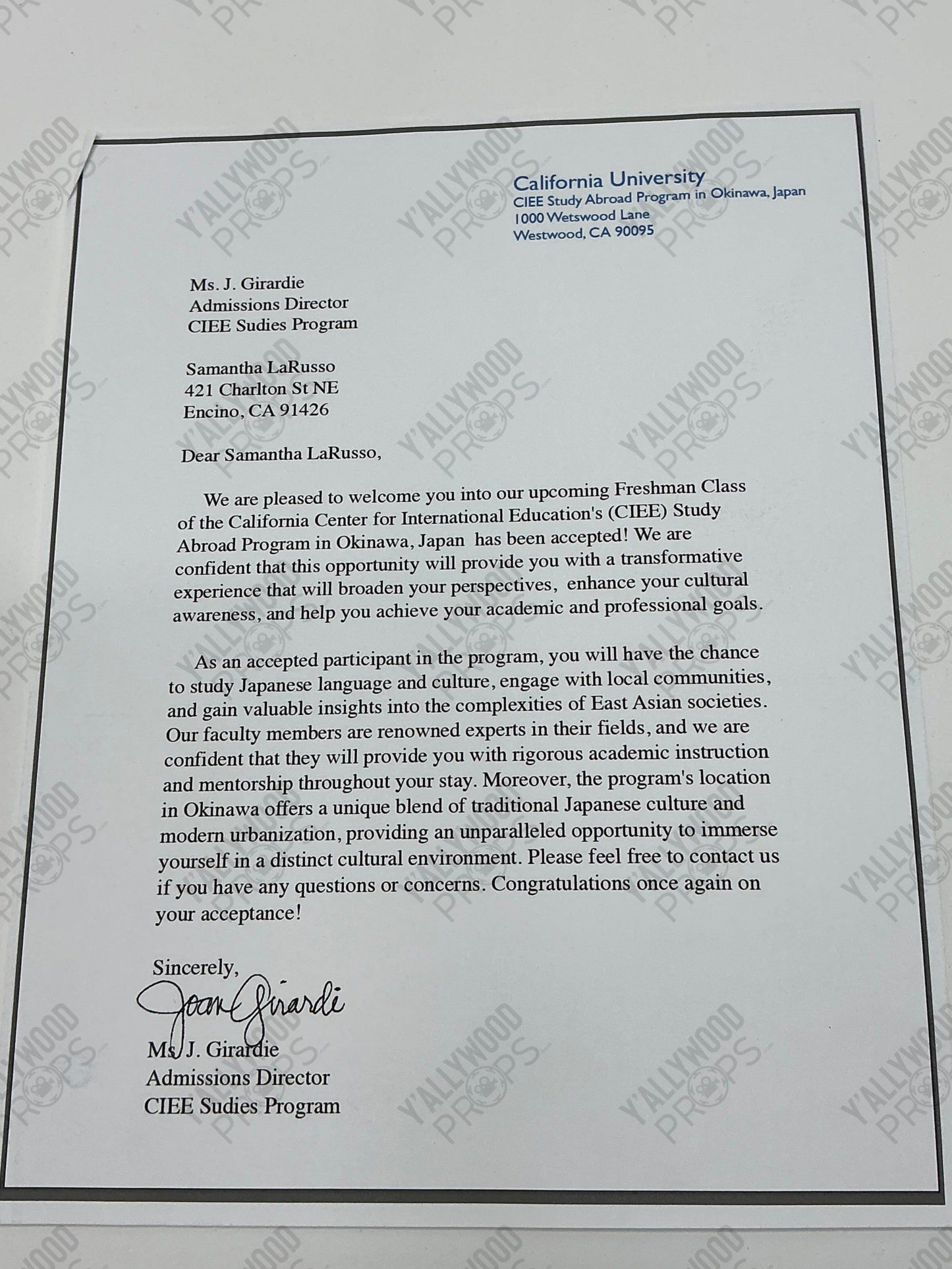 Sam's Study Abroad Letter S6E14 Cobra Kai Movie Prop Y'allywood Props White Letter with black border