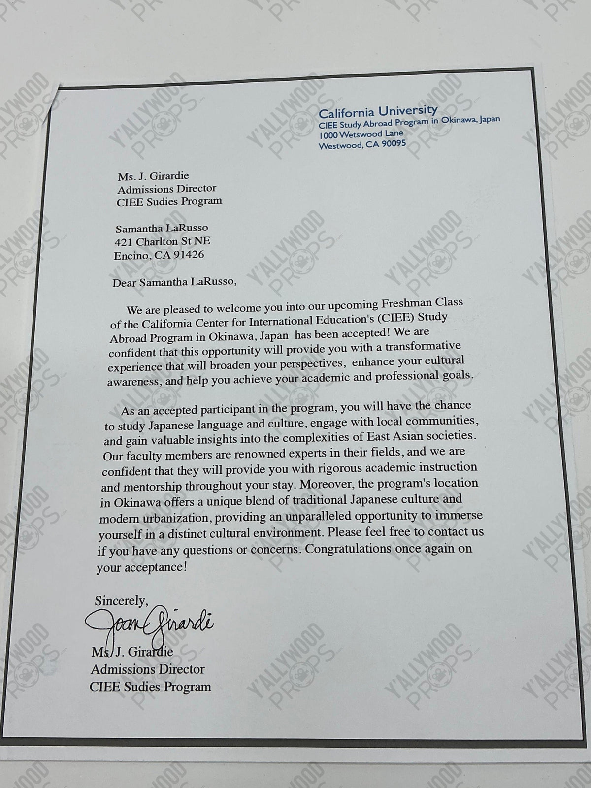 Sam's Study Abroad Letter S6E14 Cobra Kai Movie Prop Y'allywood Props White Letter with black border