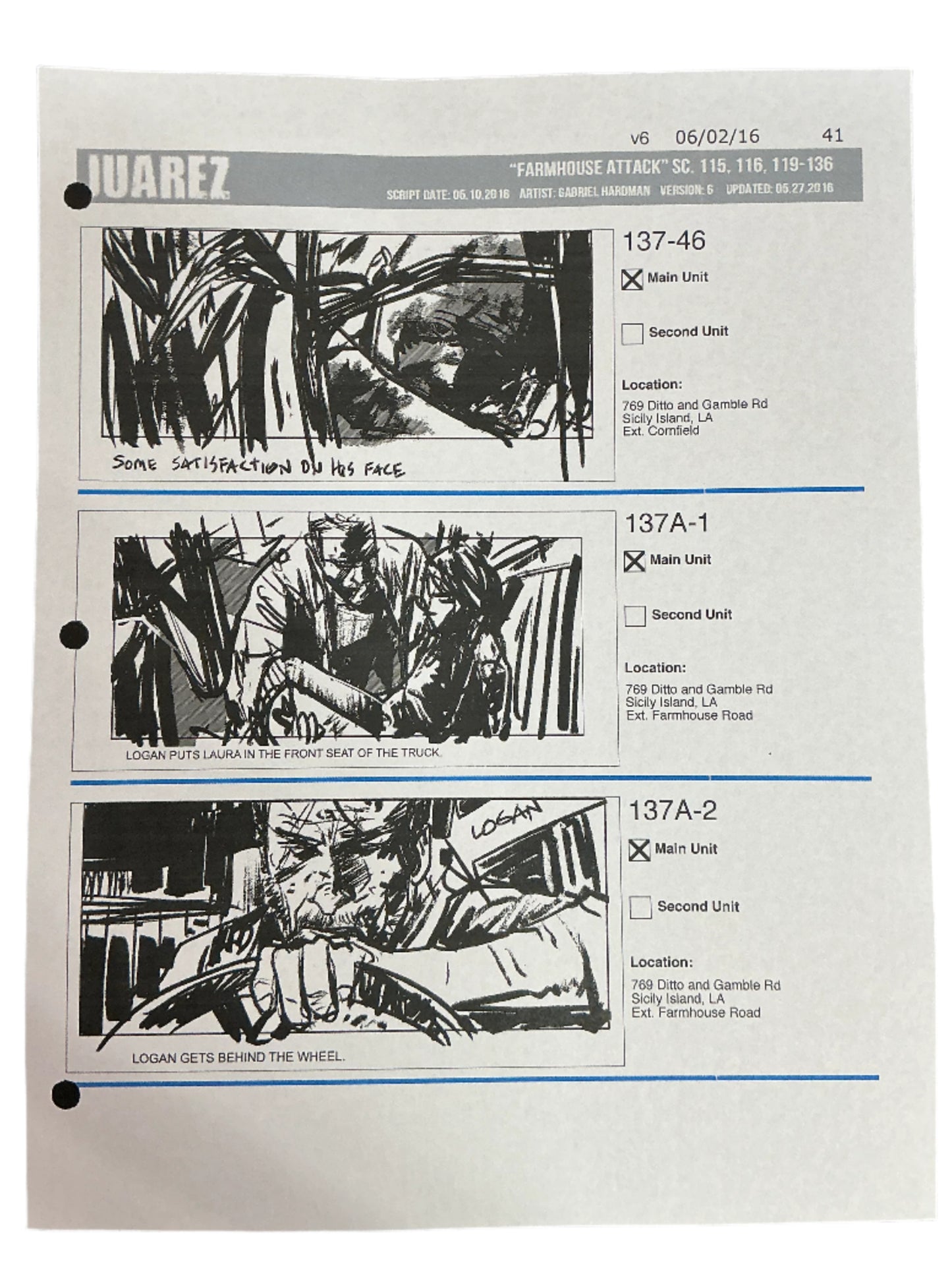 Storyboards Juarez Scene 115, 116, 119-136 Logan (2017)