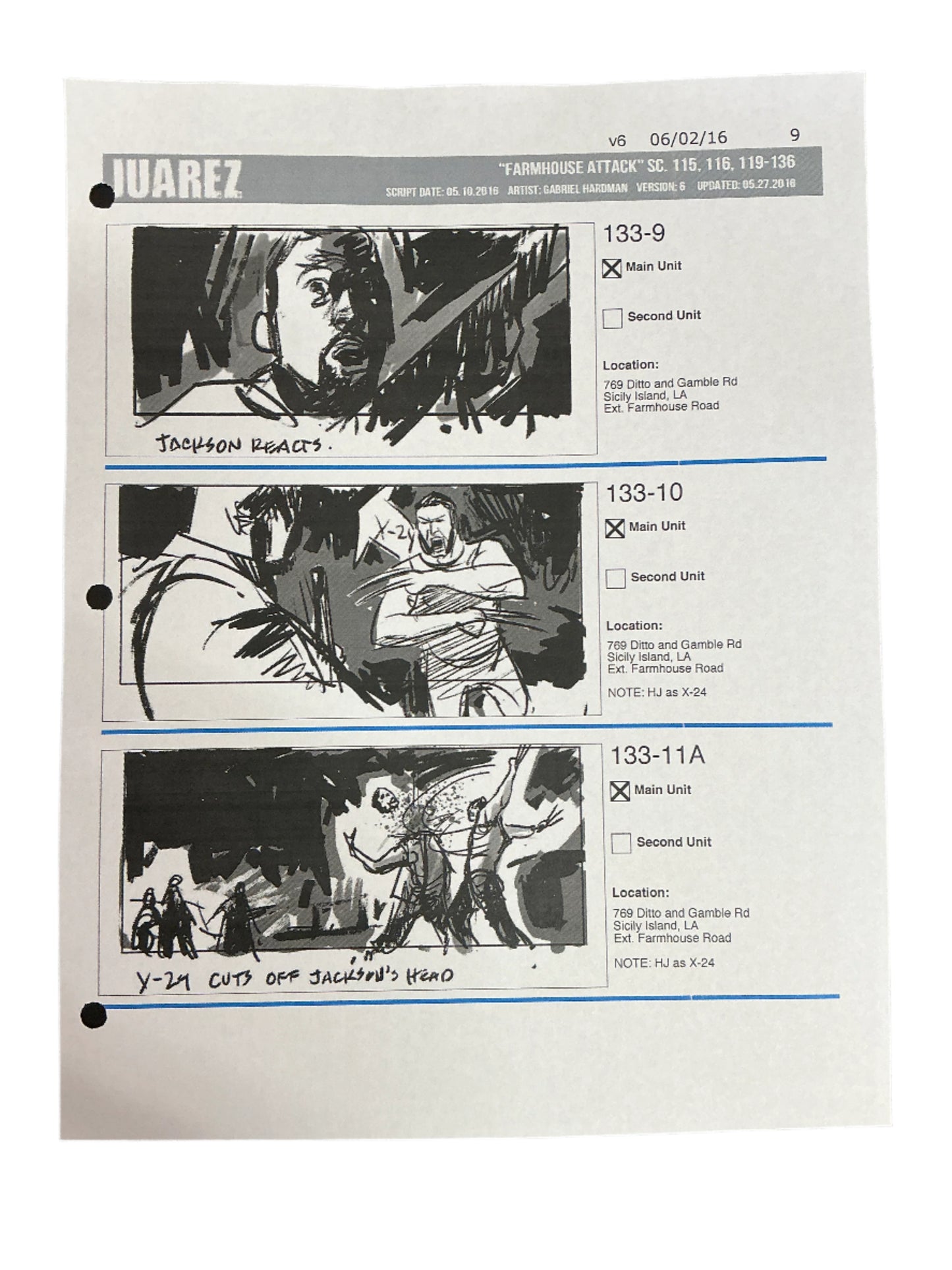 Storyboards Juarez Scene 115, 116, 119-136 Logan (2017) Memorabilia Y'allywood Props Paper 9