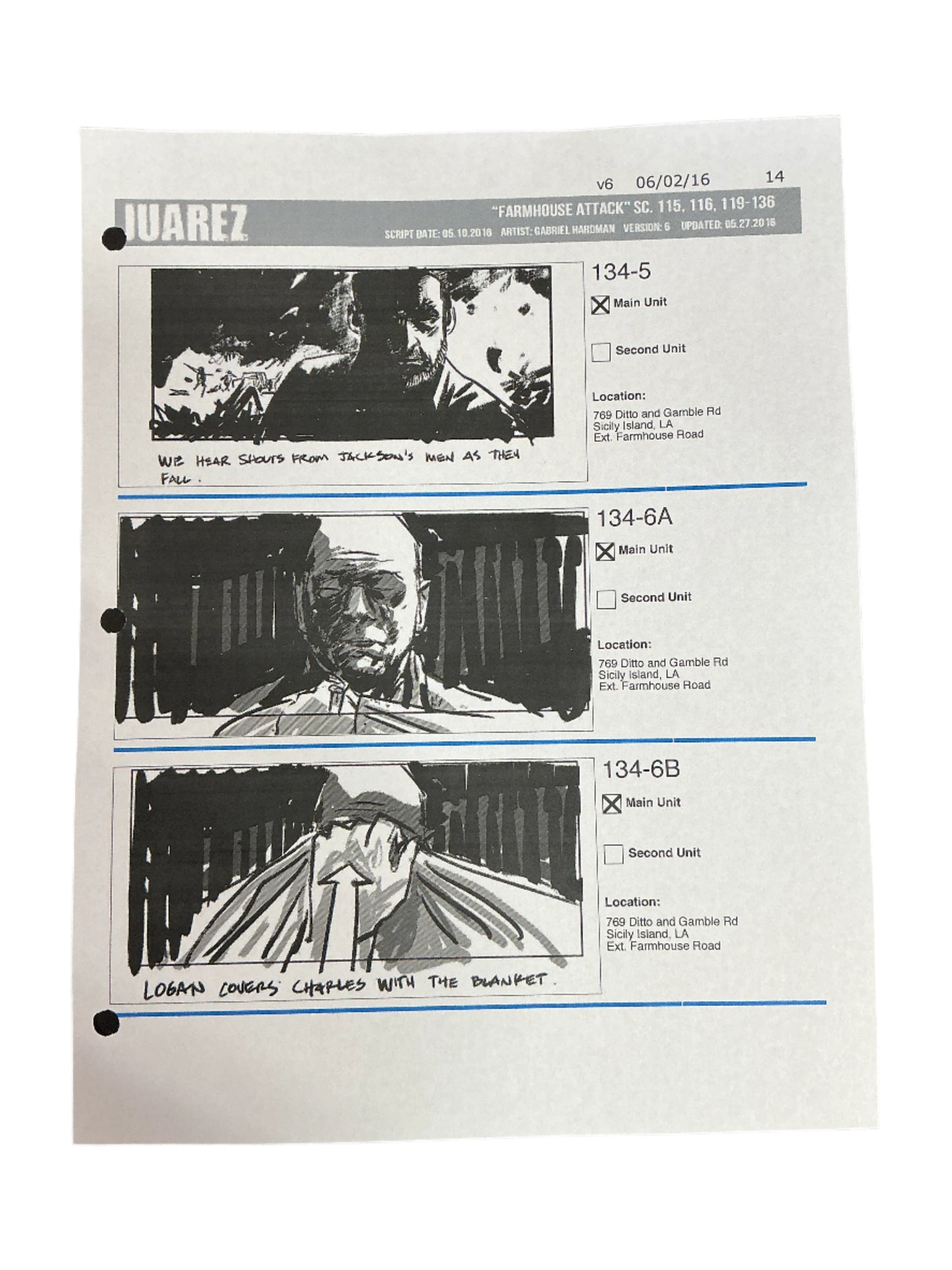 Storyboards Juarez Scene 115, 116, 119-136 Logan (2017) Memorabilia Y'allywood Props Paper 14