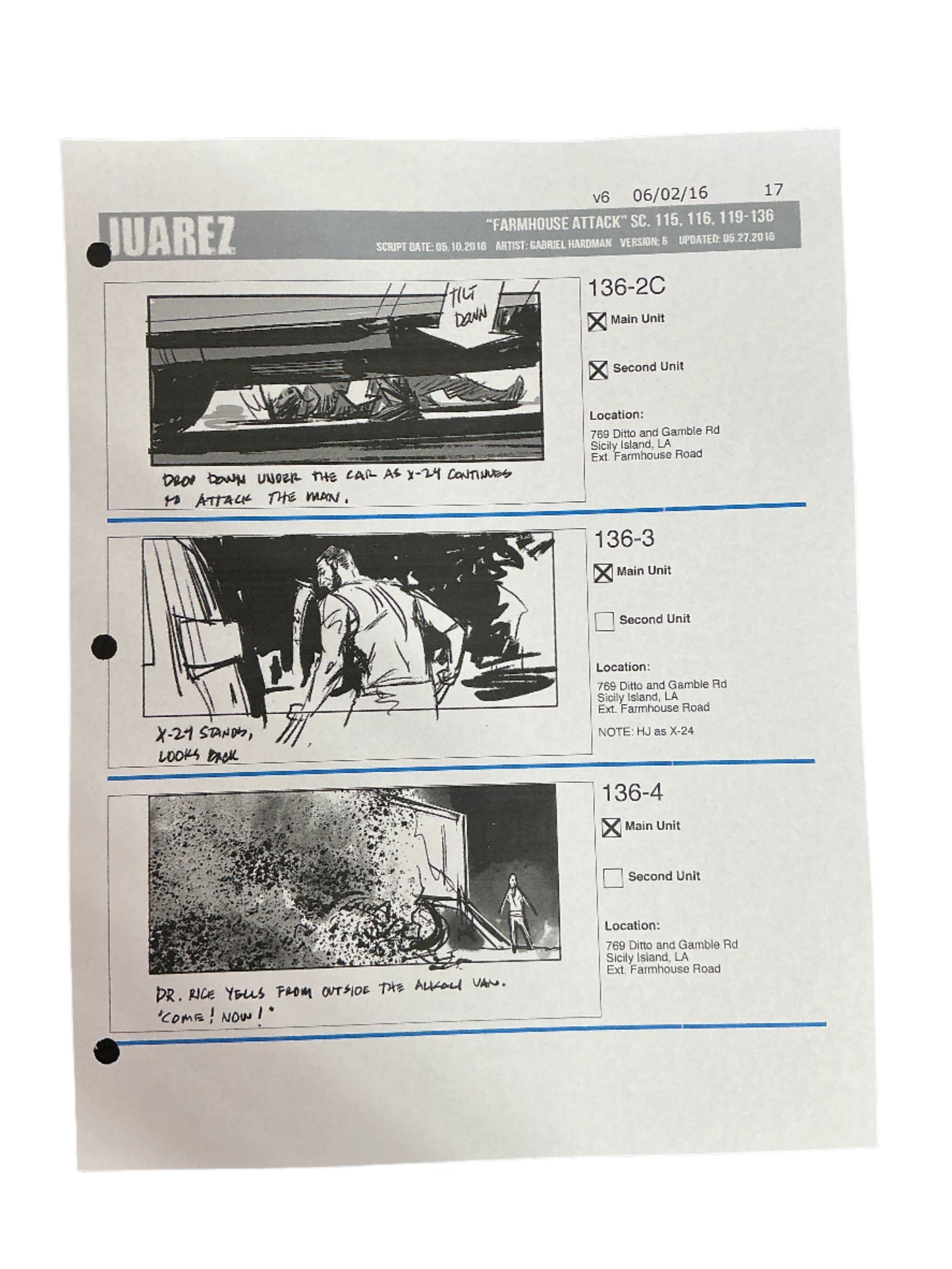 Storyboards Juarez Scene 115, 116, 119-136 Logan (2017) Memorabilia Y'allywood Props Paper 17