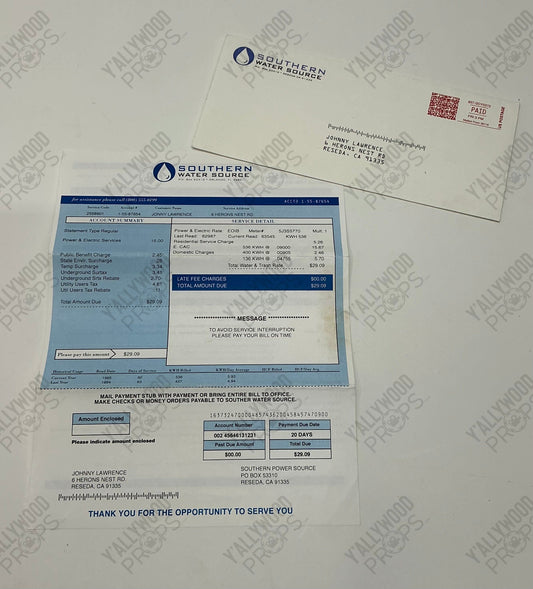 Johnny Lawrence Past Due Bills S1E3 Cobra Kai Movie Prop Y'allywood Props Southern Water Source Screen Used