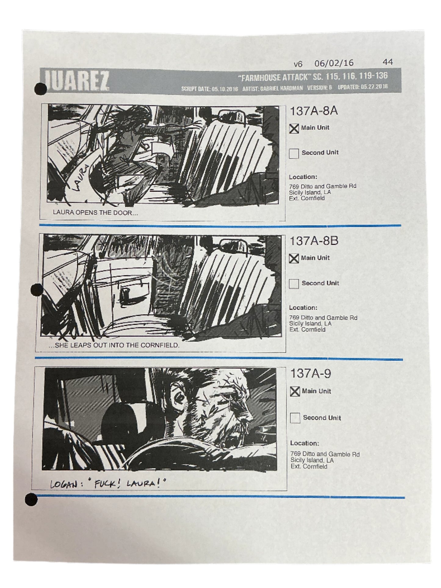 Storyboards Juarez Scene 115, 116, 119-136 Logan (2017)