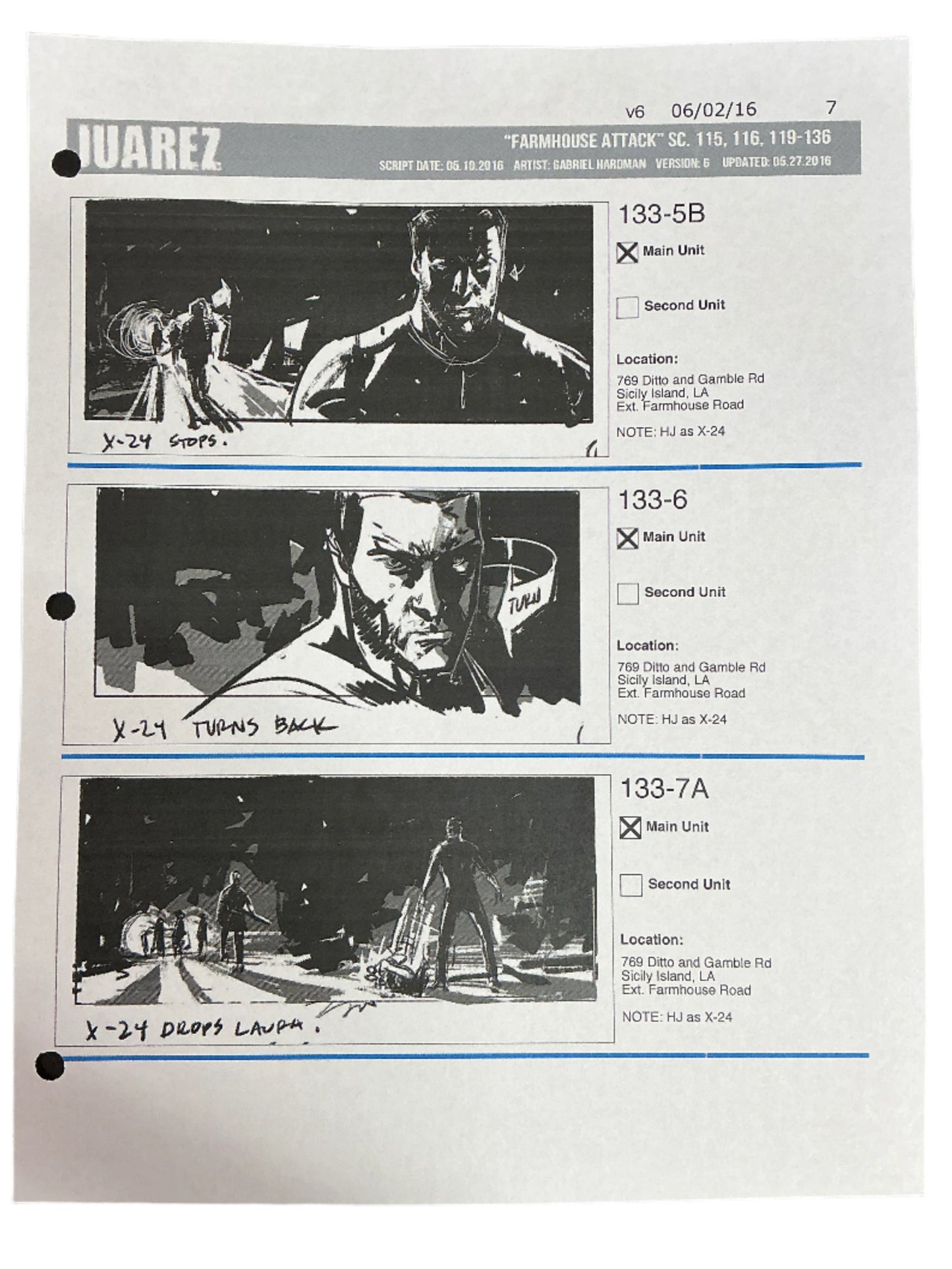 Storyboards Juarez Scene 115, 116, 119-136 Logan (2017) Memorabilia Y'allywood Props Paper 7