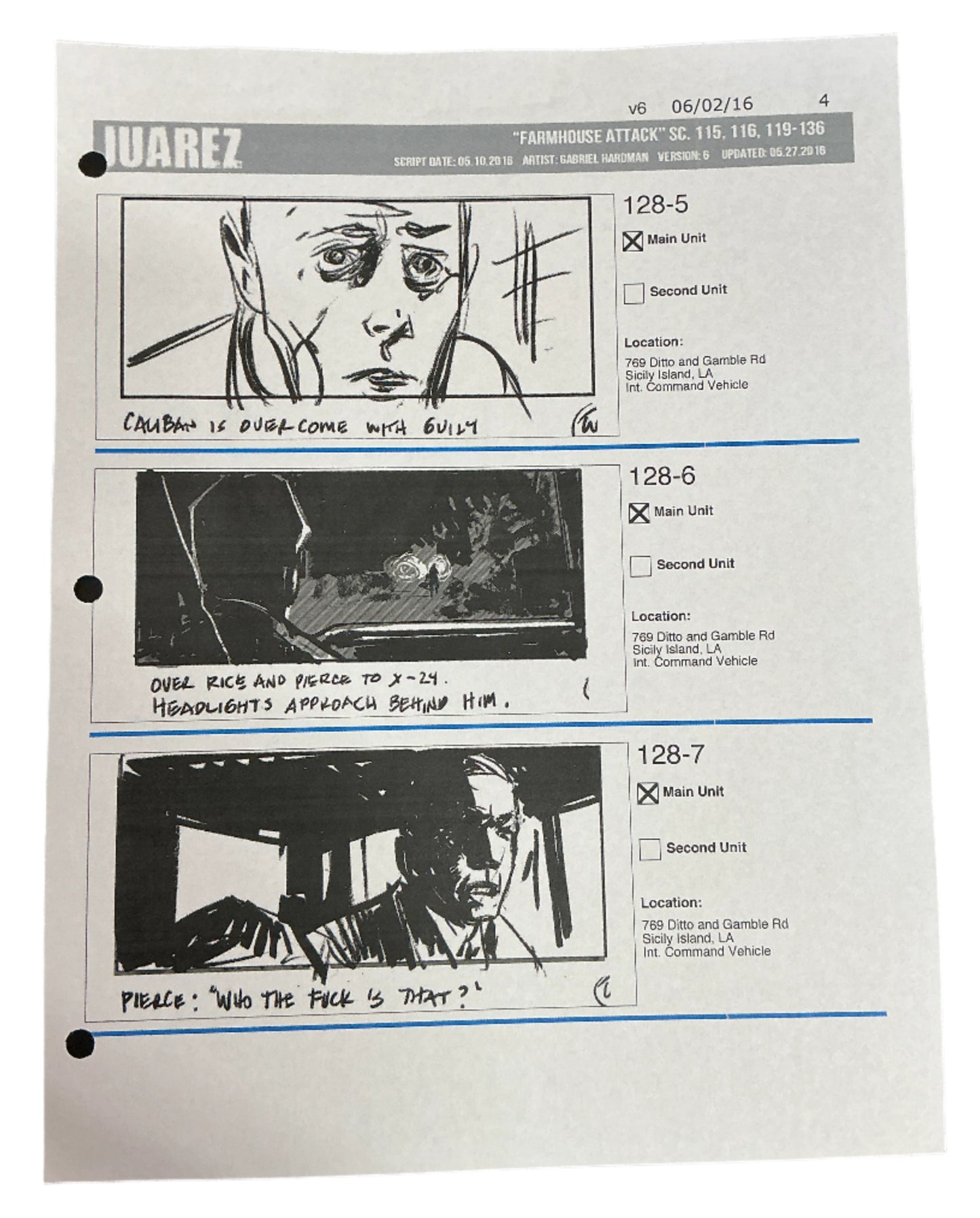 Storyboards Juarez Scene 115, 116, 119-136 Logan (2017) Memorabilia Y'allywood Props Paper 4