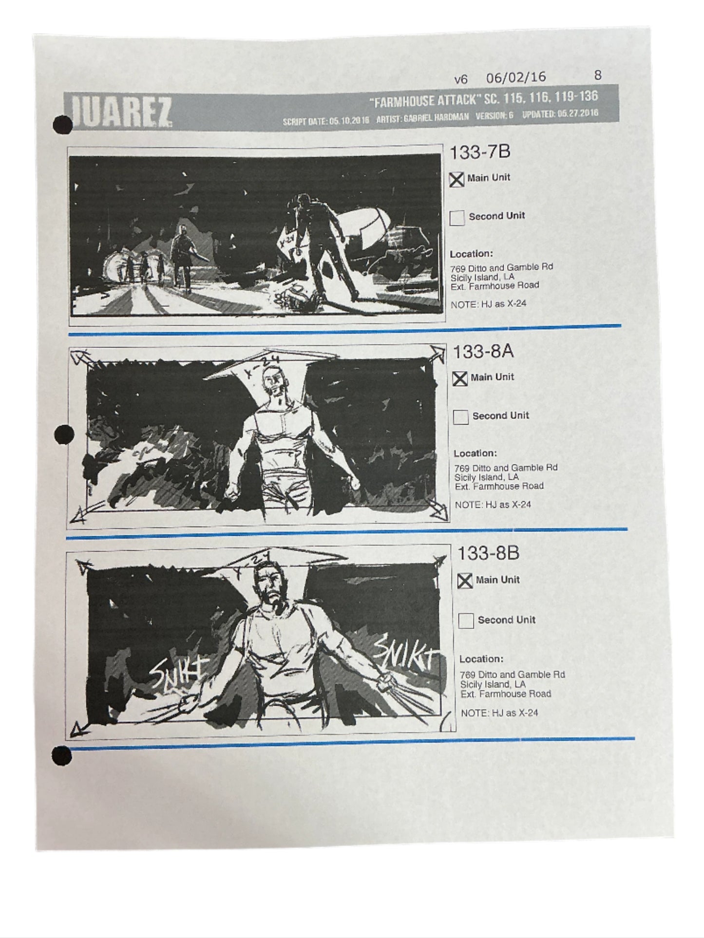Storyboards Juarez Scene 115, 116, 119-136 Logan (2017) Memorabilia Y'allywood Props Paper 8