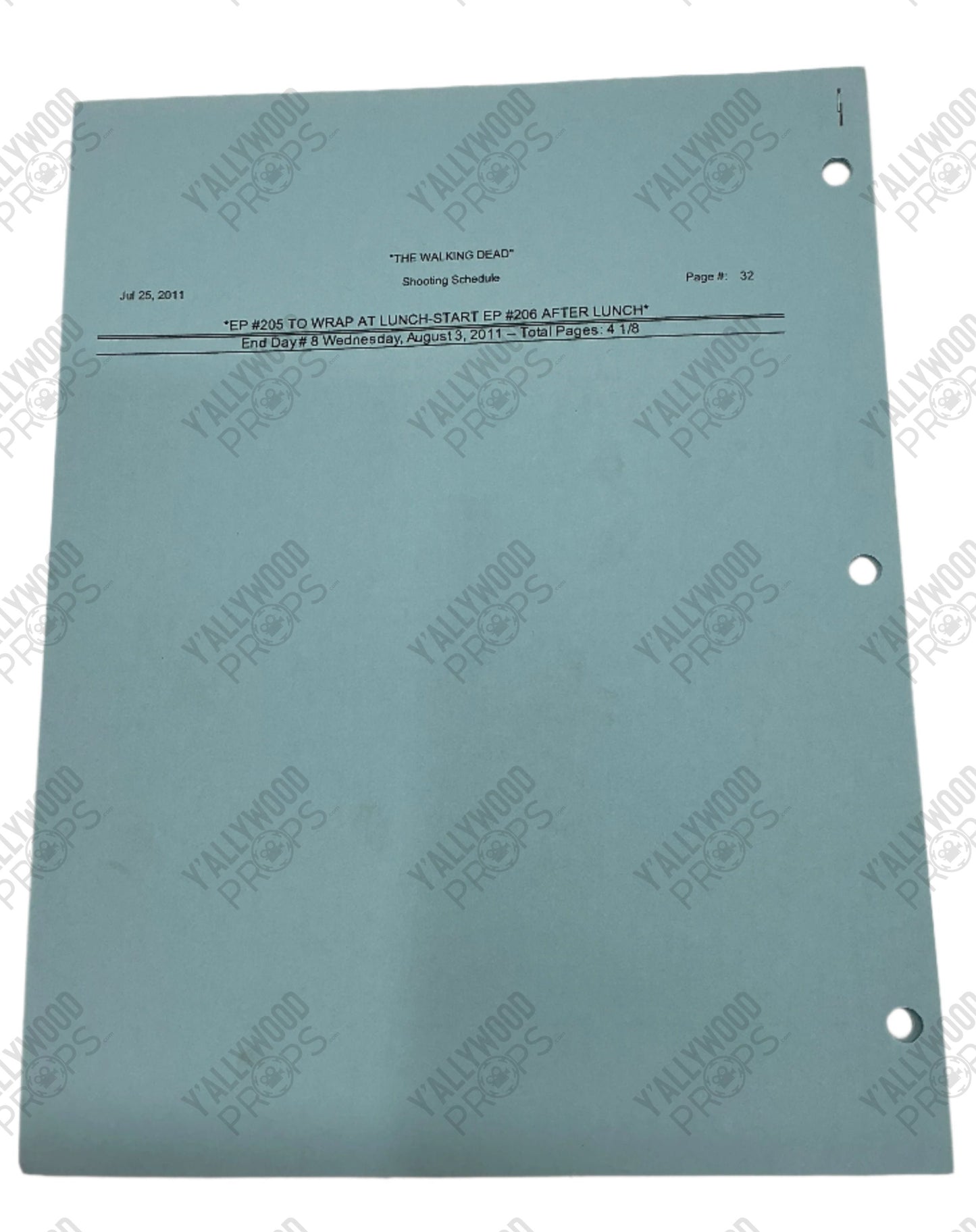 Shooting Schedule S2E5 The Walking Dead Movie Prop Y'allywood Props