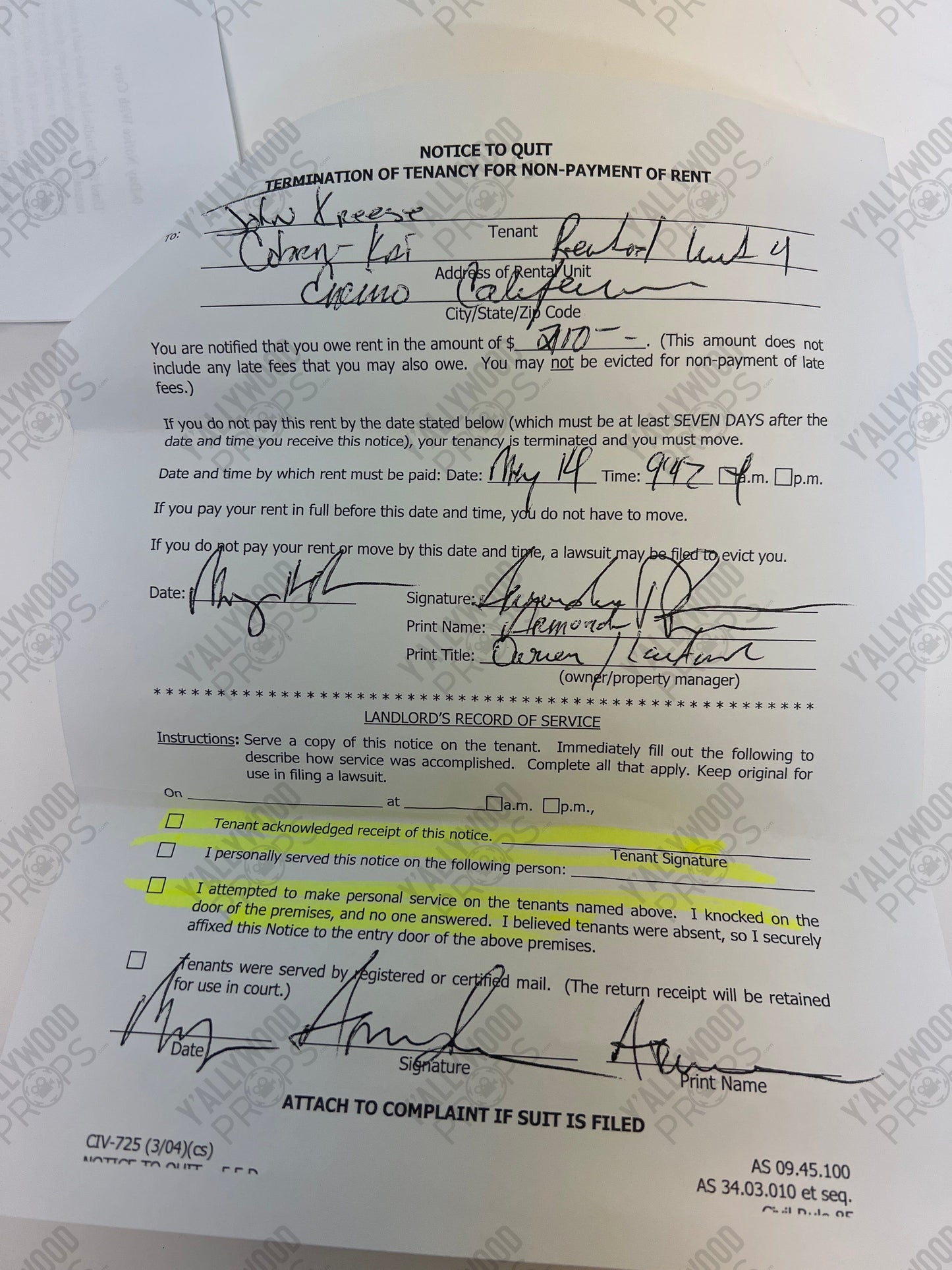 Eviction Papers John Kreese S3E6 Cobra Kai Movie Prop Y'allywood Props