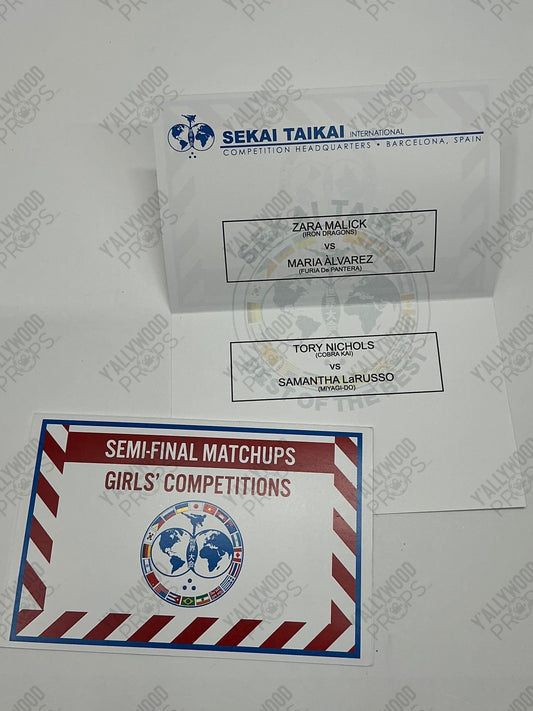 Sekai Taikai Semi-Final Matchup Cards S6E10 Cobra Kai Movie Prop Y'allywood Props Girls' Competitions