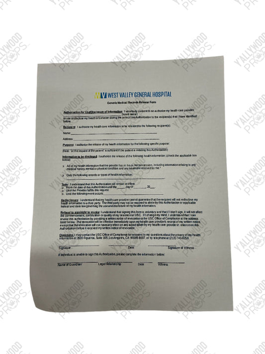 West Valley Hospital Forms Cobra Kai (2018-2025) Movie Prop Y'allywood Props Generic Medical Records Release Form