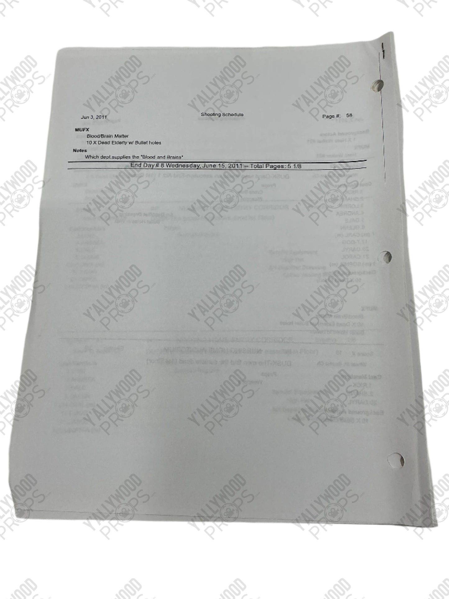 Shooting Schedule S2E1 The Walking Dead Movie Prop Y'allywood Props