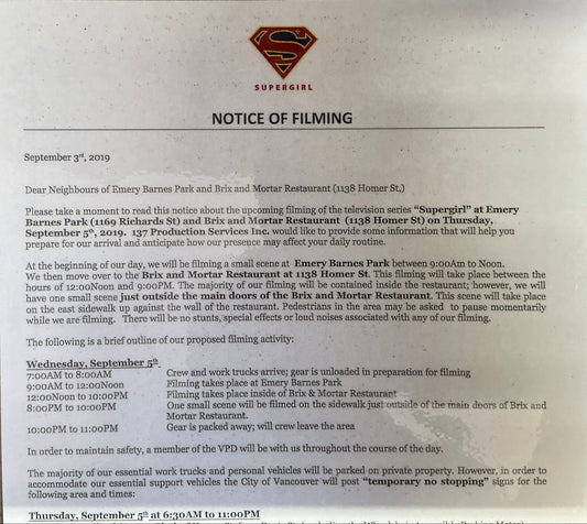 Notice of Filming Sign Supergirl (2015-2021) Film Memorabilia Y'allywood Props