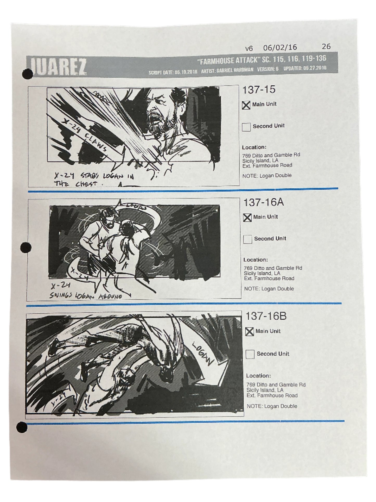 Storyboards Juarez Scene 115, 116, 119-136 Logan (2017)