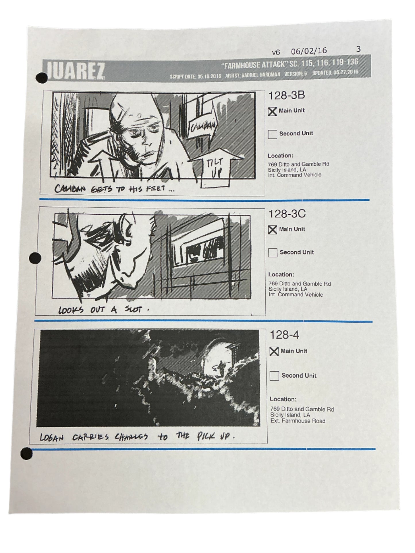 Storyboards Juarez Scene 115, 116, 119-136 Logan (2017) Memorabilia Y'allywood Props Paper 3