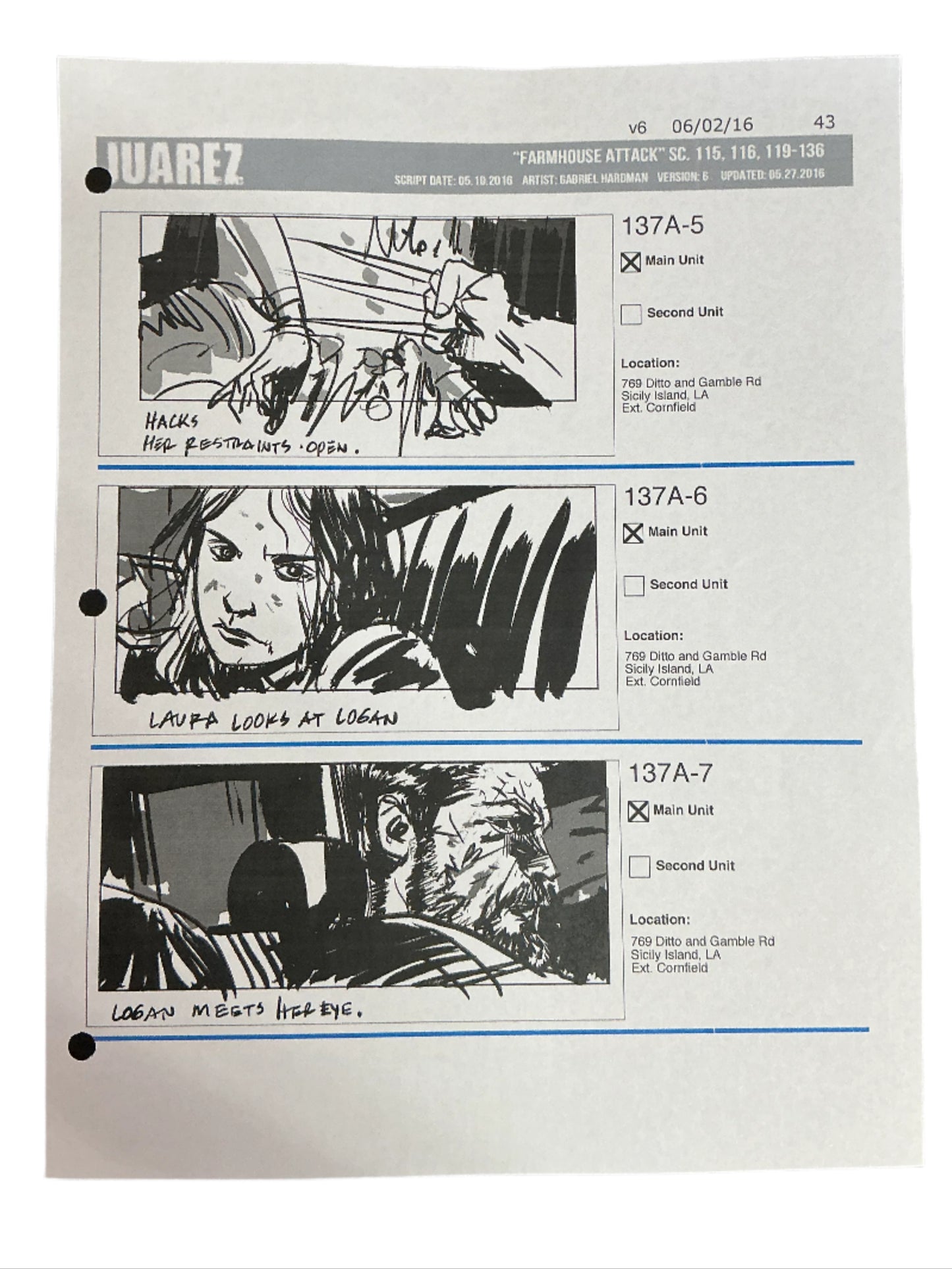 Storyboards Juarez Scene 115, 116, 119-136 Logan (2017)