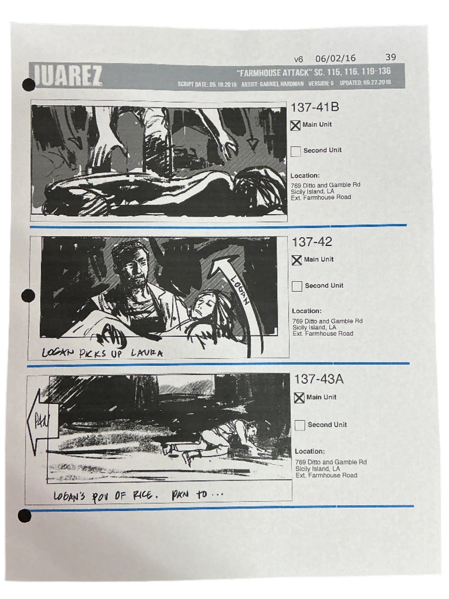 Storyboards Juarez Scene 115, 116, 119-136 Logan (2017)