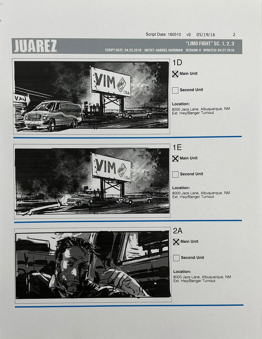 Storyboards Juarez Scenes 1-3 "Limo Fight" Logan (2017) Memorabilia Y'allywood Props Paper 2