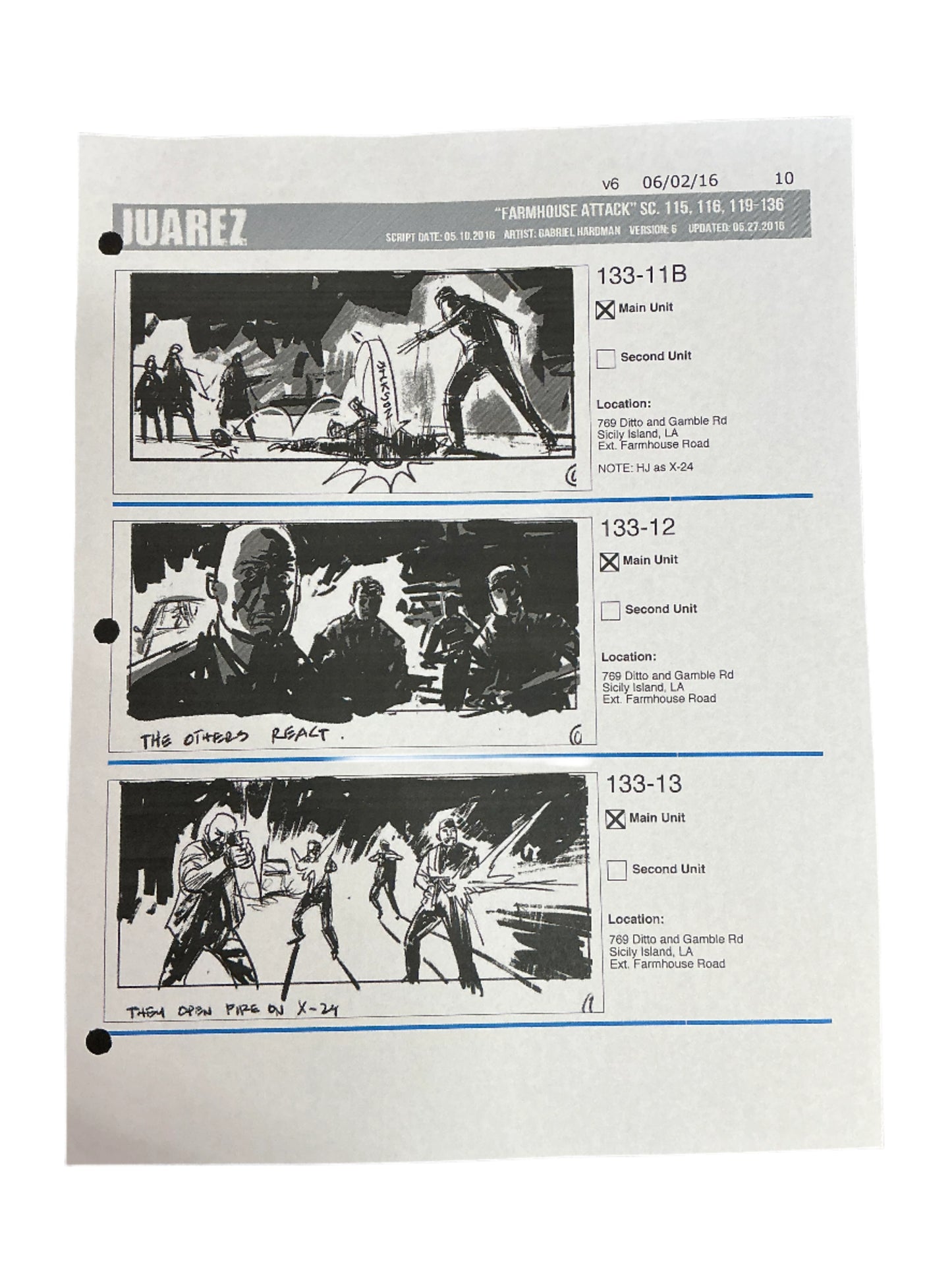 Storyboards Juarez Scene 115, 116, 119-136 Logan (2017) Memorabilia Y'allywood Props Paper 10