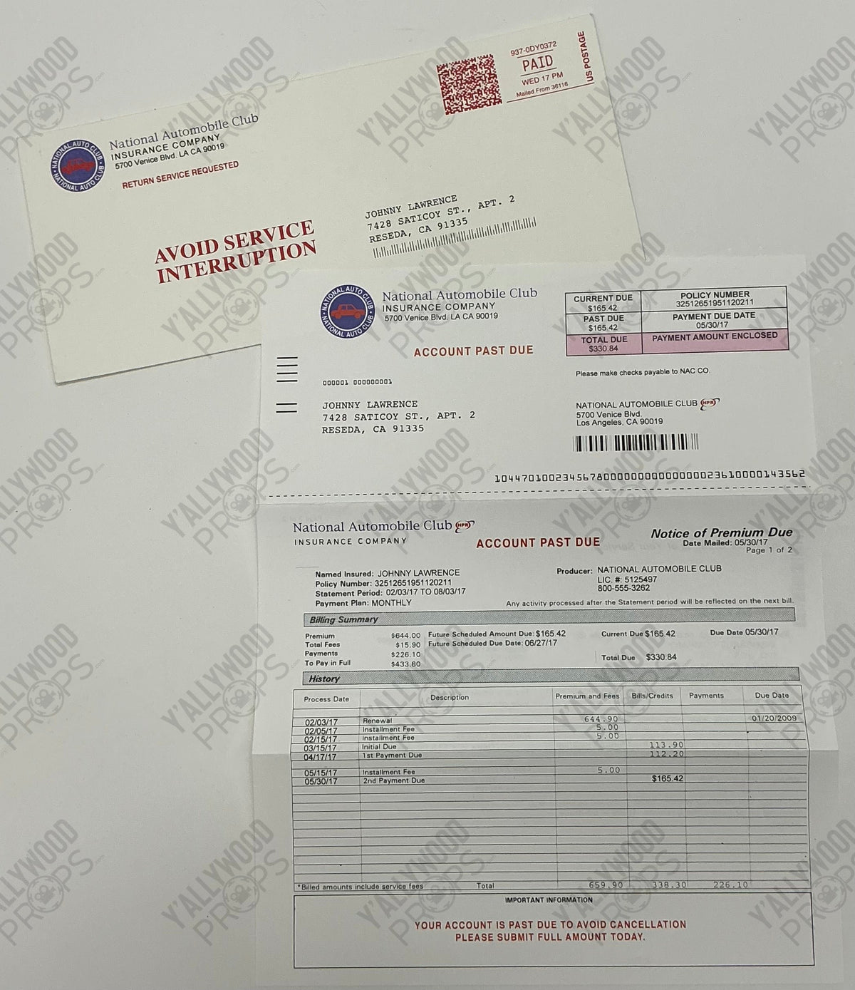 National Automobile Club insurance past due notices and billing statements addressed to Johnny Lawrence.