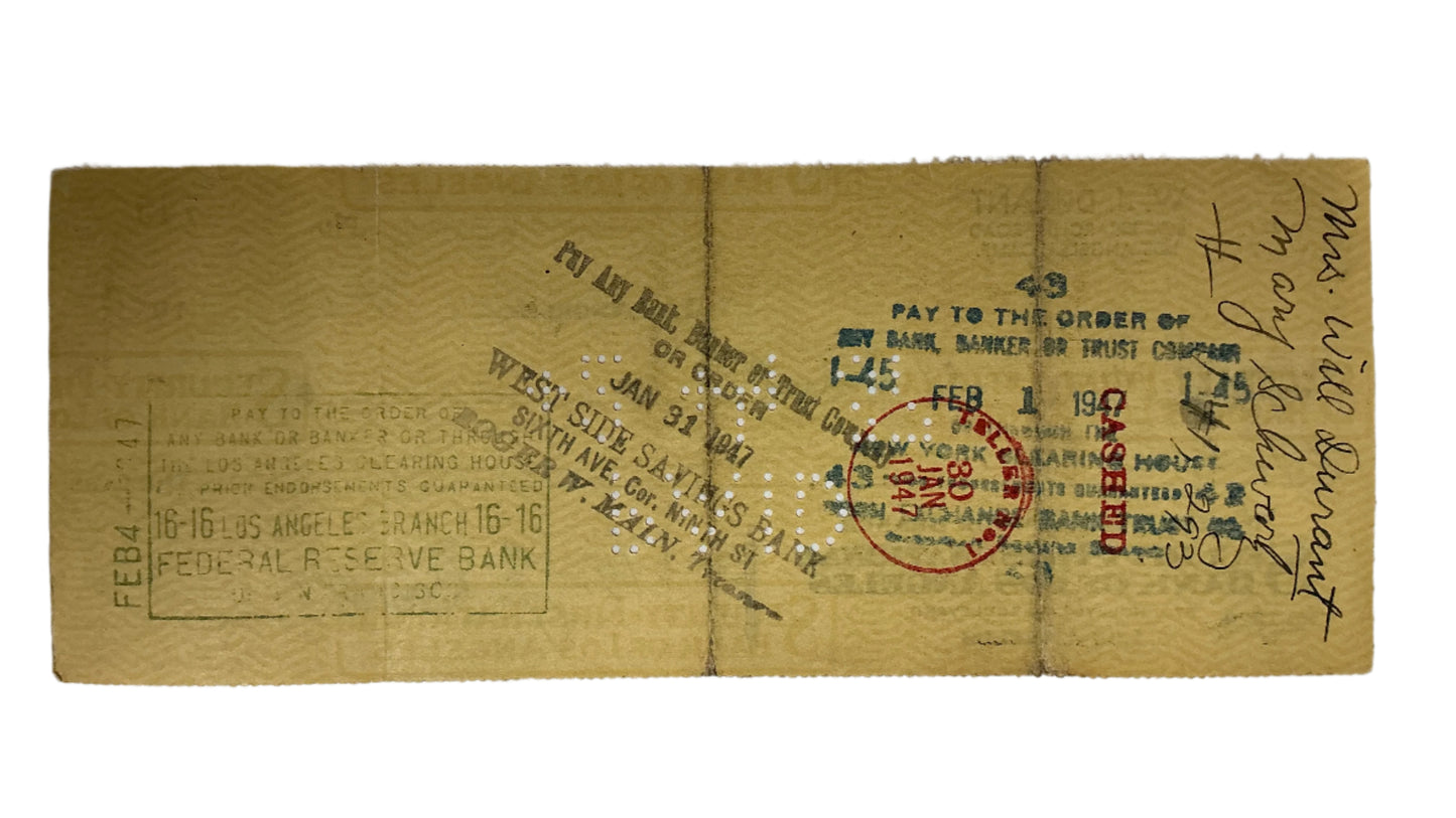 Will Durant Hand Signed Personal Check Autograph Y'allywood Props