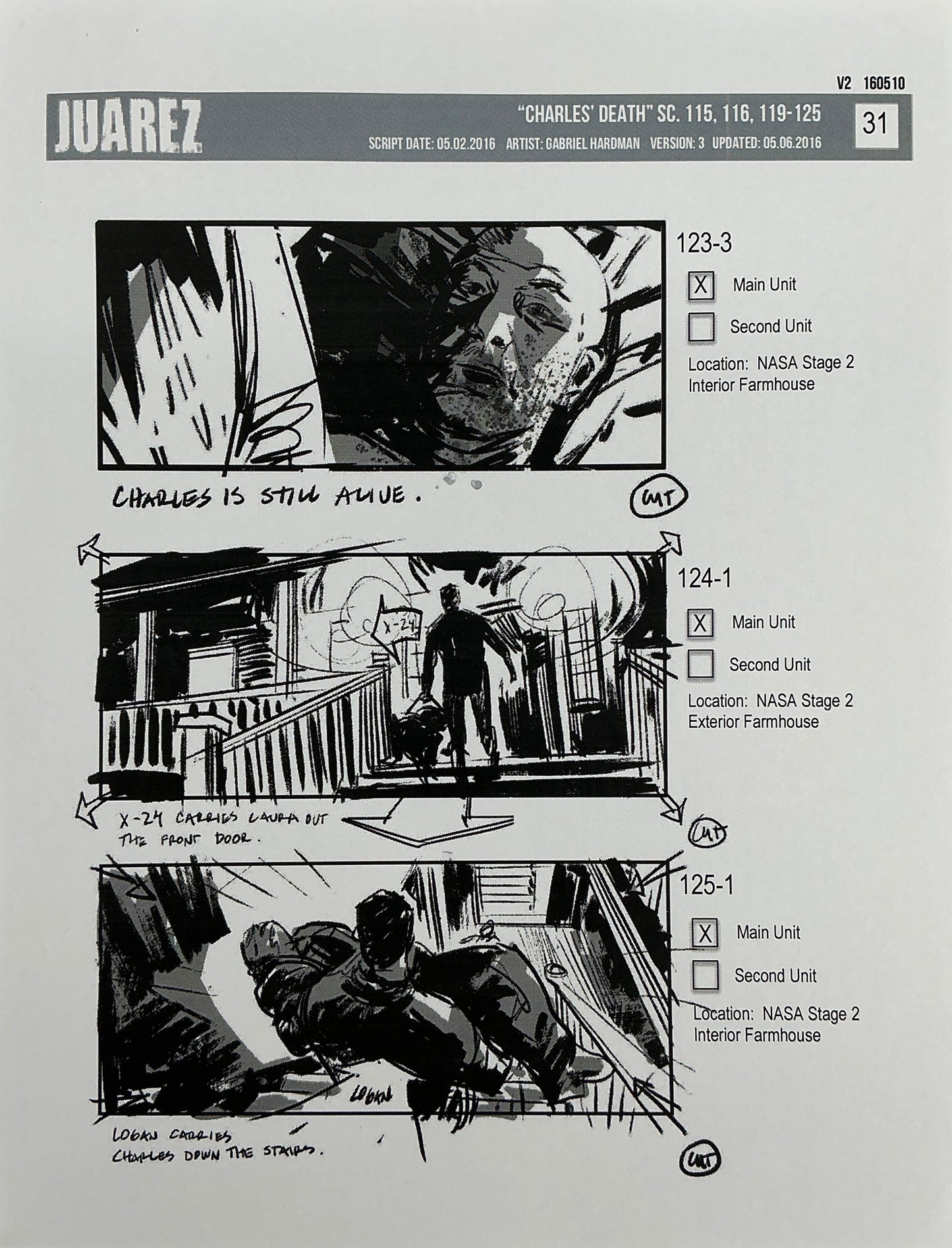 Film storyboard page showing three black and white sketches labeled scenes 123-3, 124-1, and 125-1 from Logan (2017) death se
