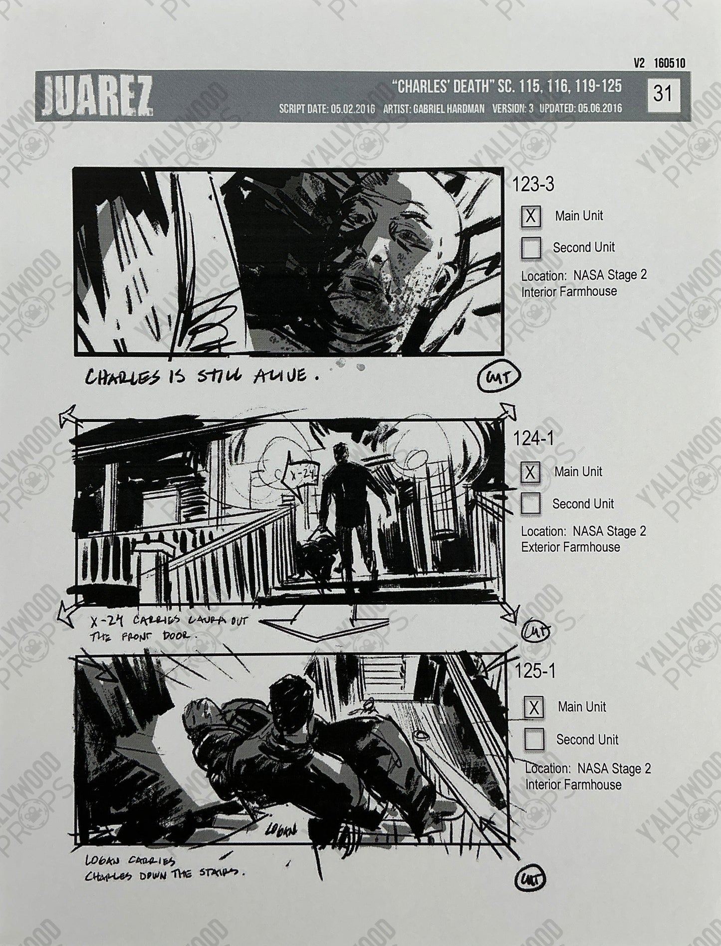Film storyboard page showing three black and white sketches labeled scenes 123-3, 124-1, and 125-1 from Logan (2017) death se