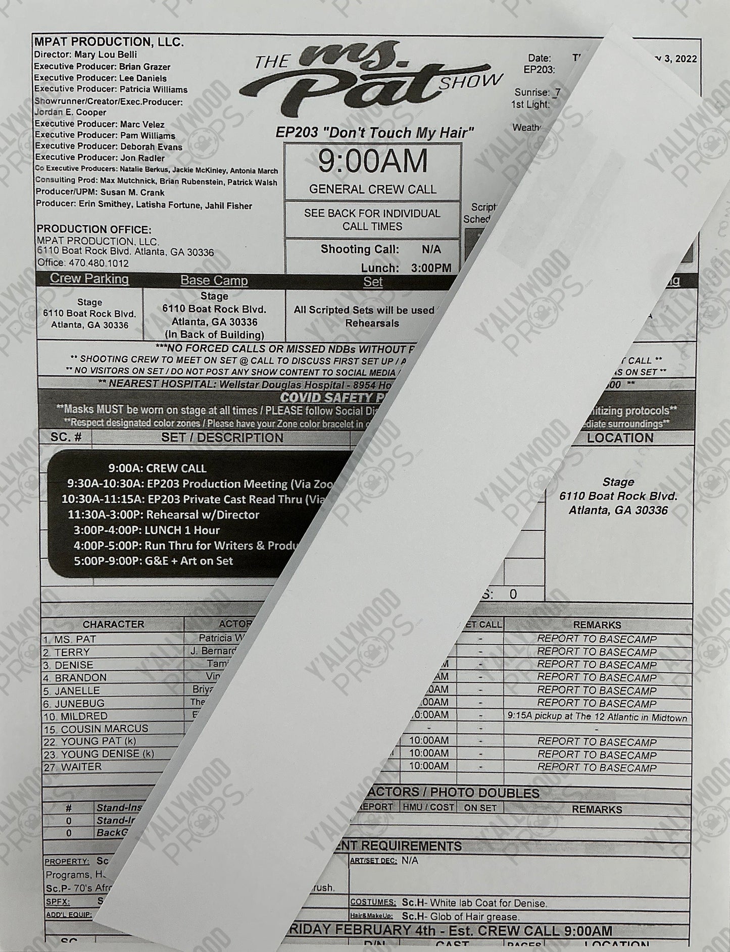Call Sheet The Ms. Pat Show (2021) Memorabilia Y'allywood Props