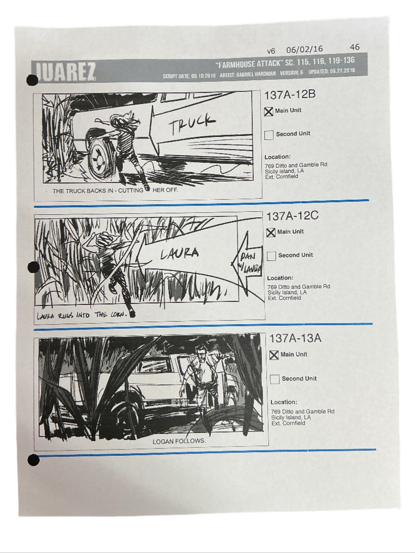 Storyboards Juarez Scene 115, 116, 119-136 Logan (2017)