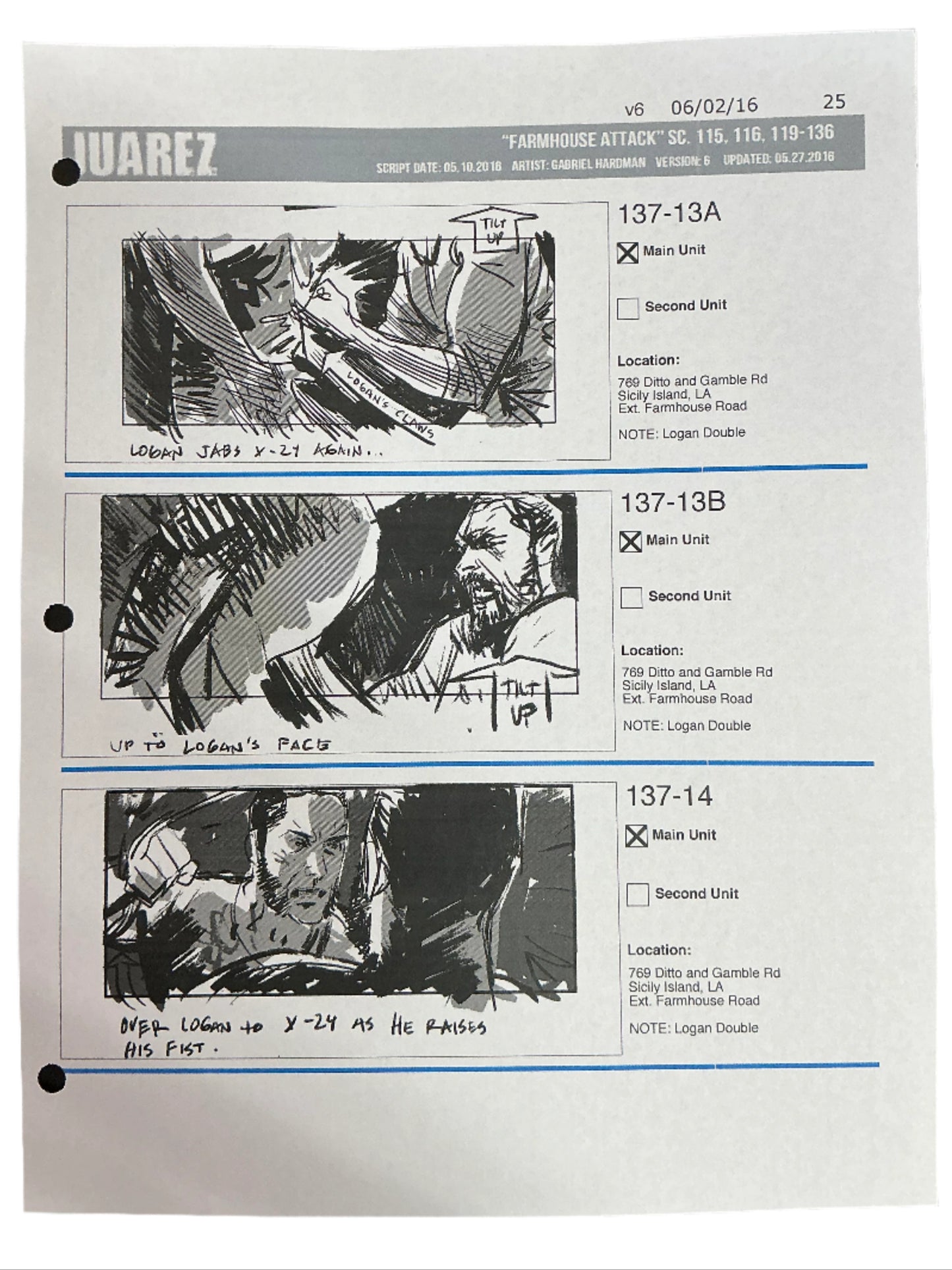 Storyboards Juarez Scene 115, 116, 119-136 Logan (2017) Memorabilia Y'allywood Props Paper 25