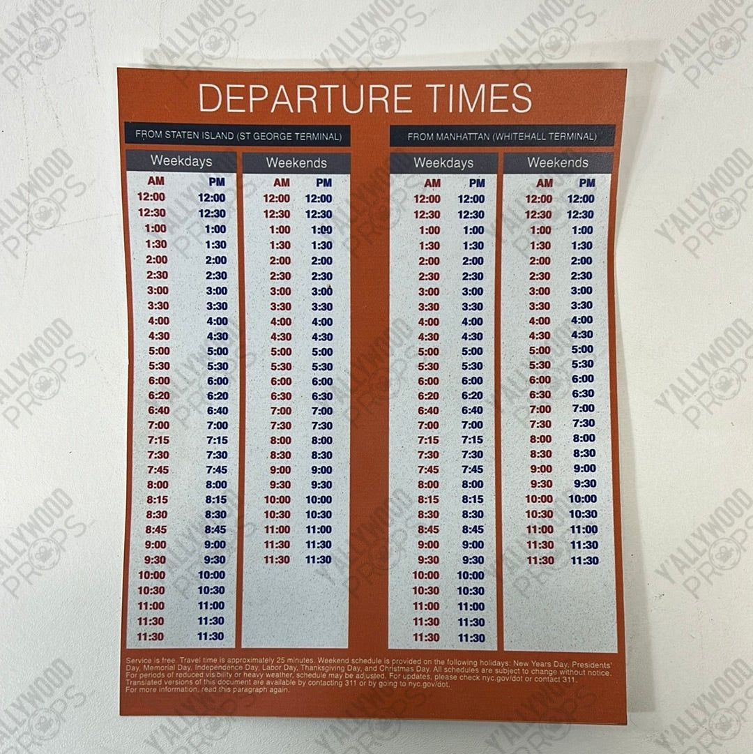 Staten Island Ferry Signs Spider-Man: Homecoming Movie Prop Y'allywood Props Departure Times 8.5x11”