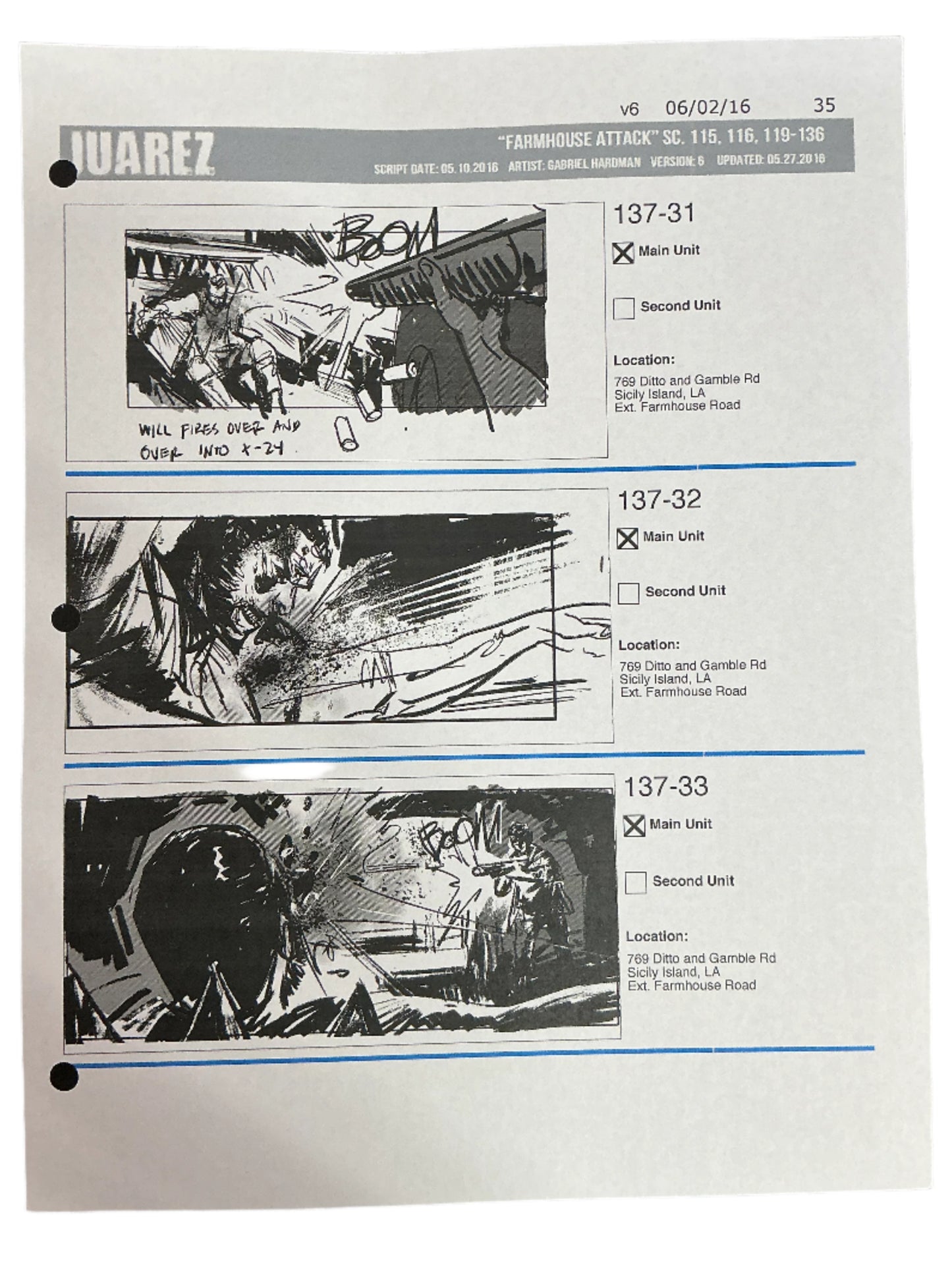 Storyboards Juarez Scene 115, 116, 119-136 Logan (2017)