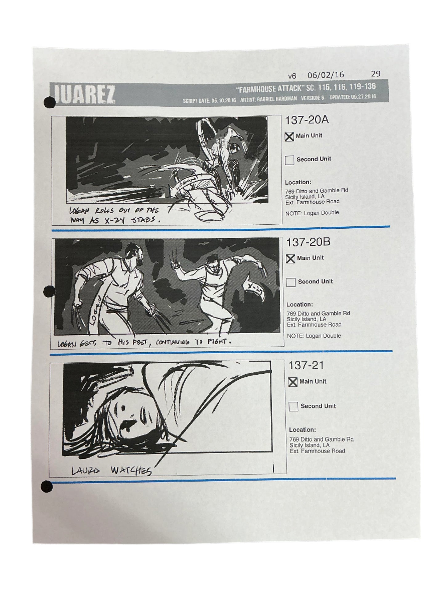 Storyboards Juarez Scene 115, 116, 119-136 Logan (2017)