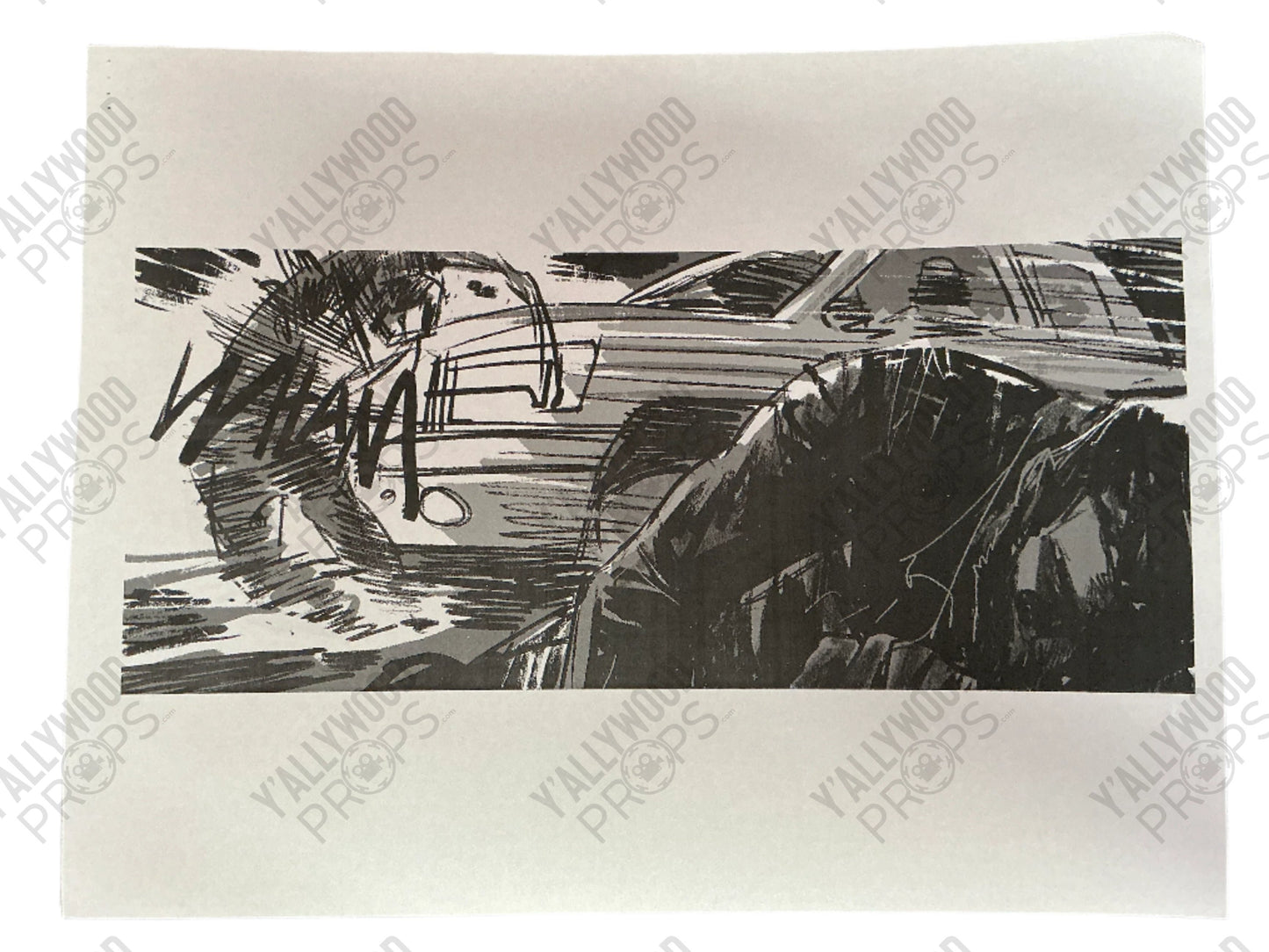 Hand-drawn storyboard panel featuring sketched figures and vehicle interior scene in black ink on cream paper.