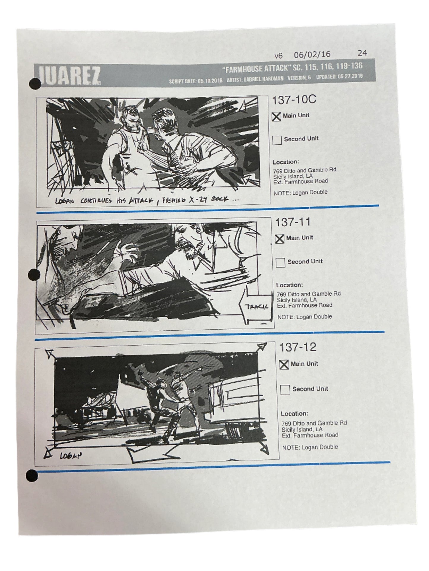 Storyboards Juarez Scene 115, 116, 119-136 Logan (2017) Memorabilia Y'allywood Props Paper 24