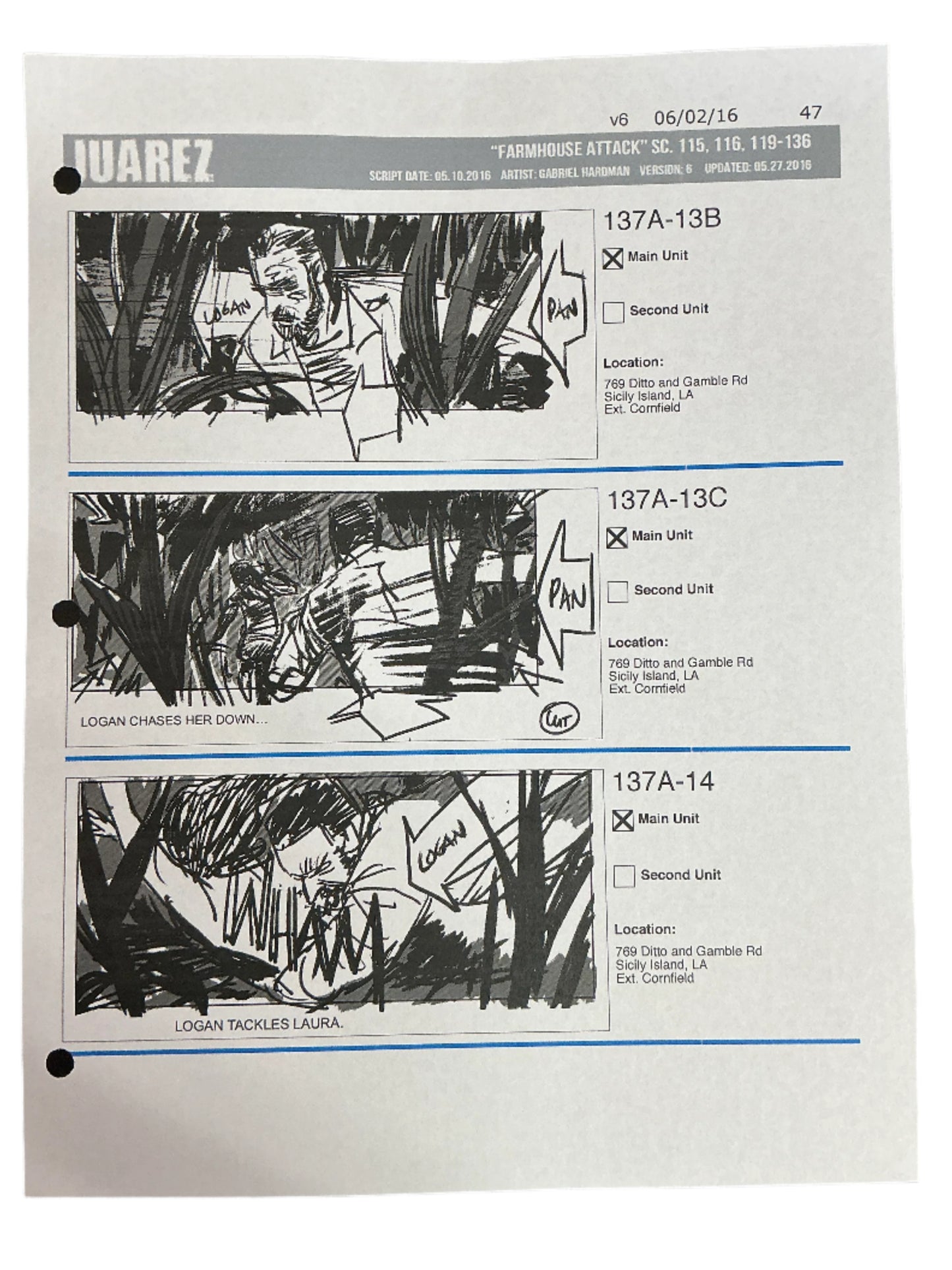 Storyboards Juarez Scene 115, 116, 119-136 Logan (2017)