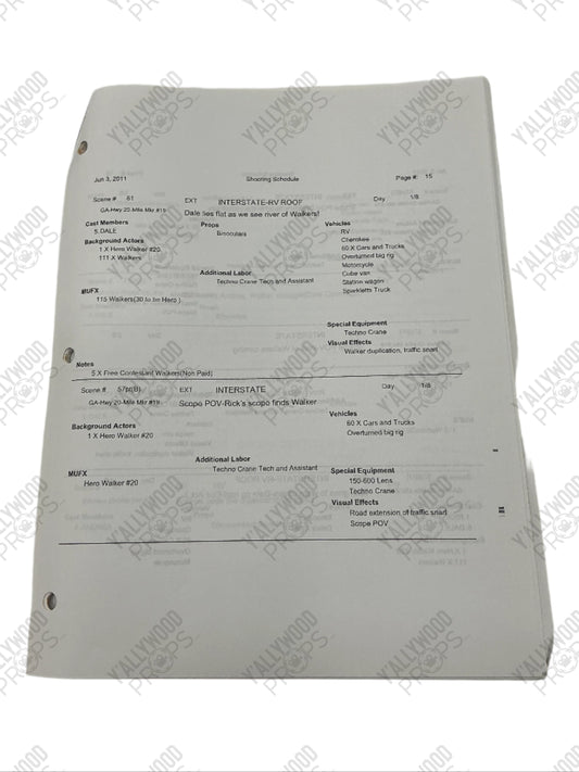 Shooting Schedule S2E1 The Walking Dead Movie Prop Y'allywood Props