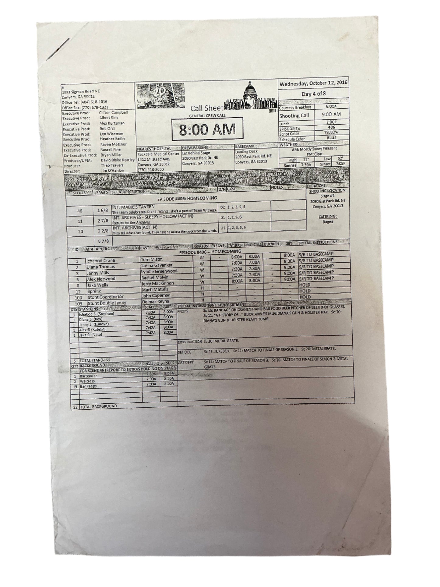 Call Sheet & Script S4E6 Sleepy Hollow (2016) Autograph Y'allywood Props