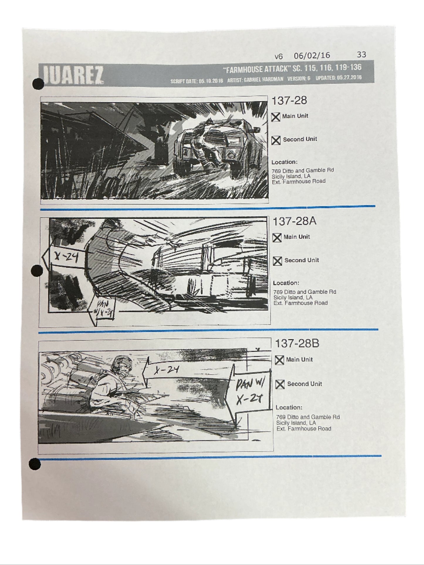 Storyboards Juarez Scene 115, 116, 119-136 Logan (2017)
