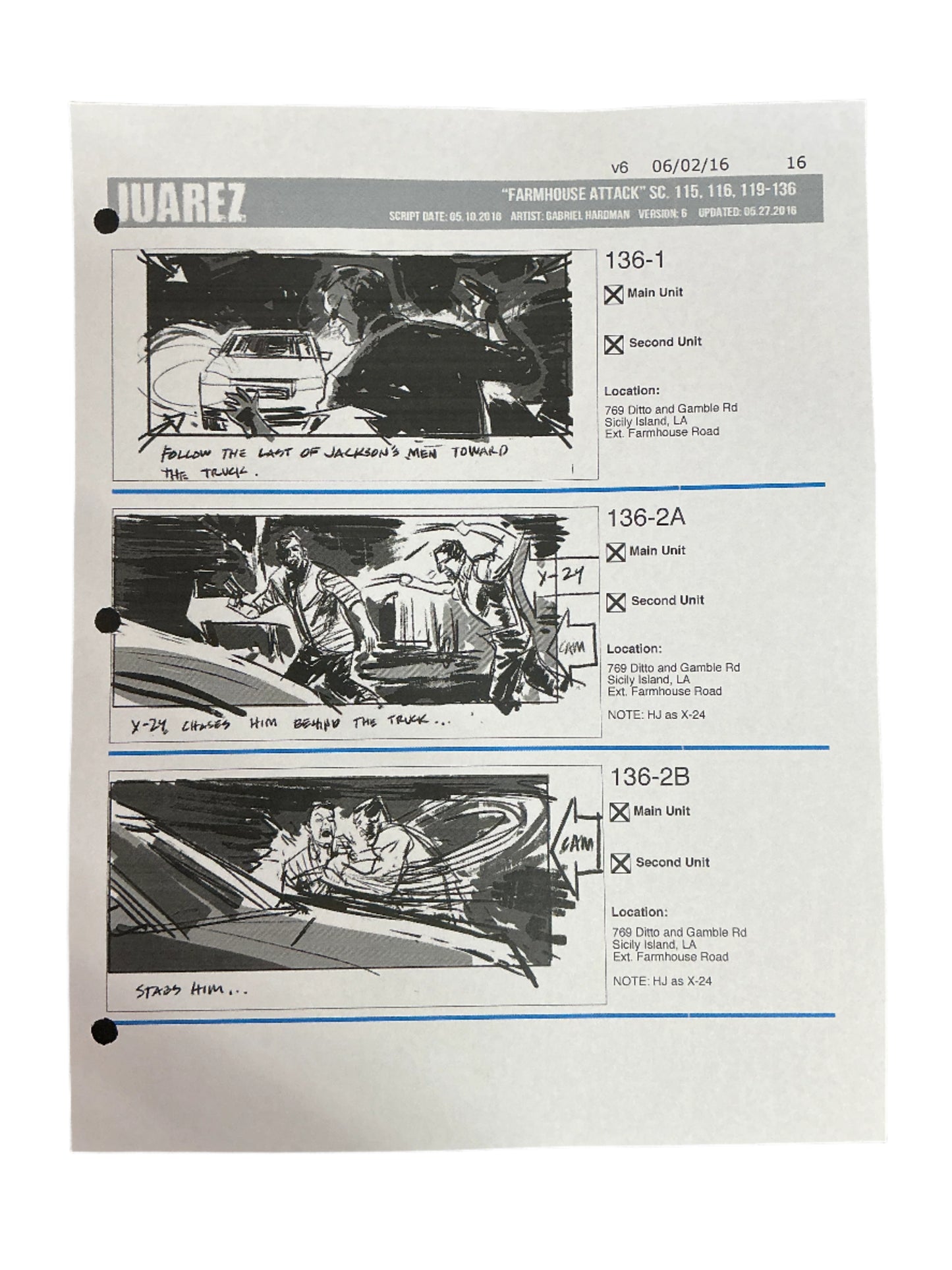 Storyboards Juarez Scene 115, 116, 119-136 Logan (2017) Memorabilia Y'allywood Props Paper 16