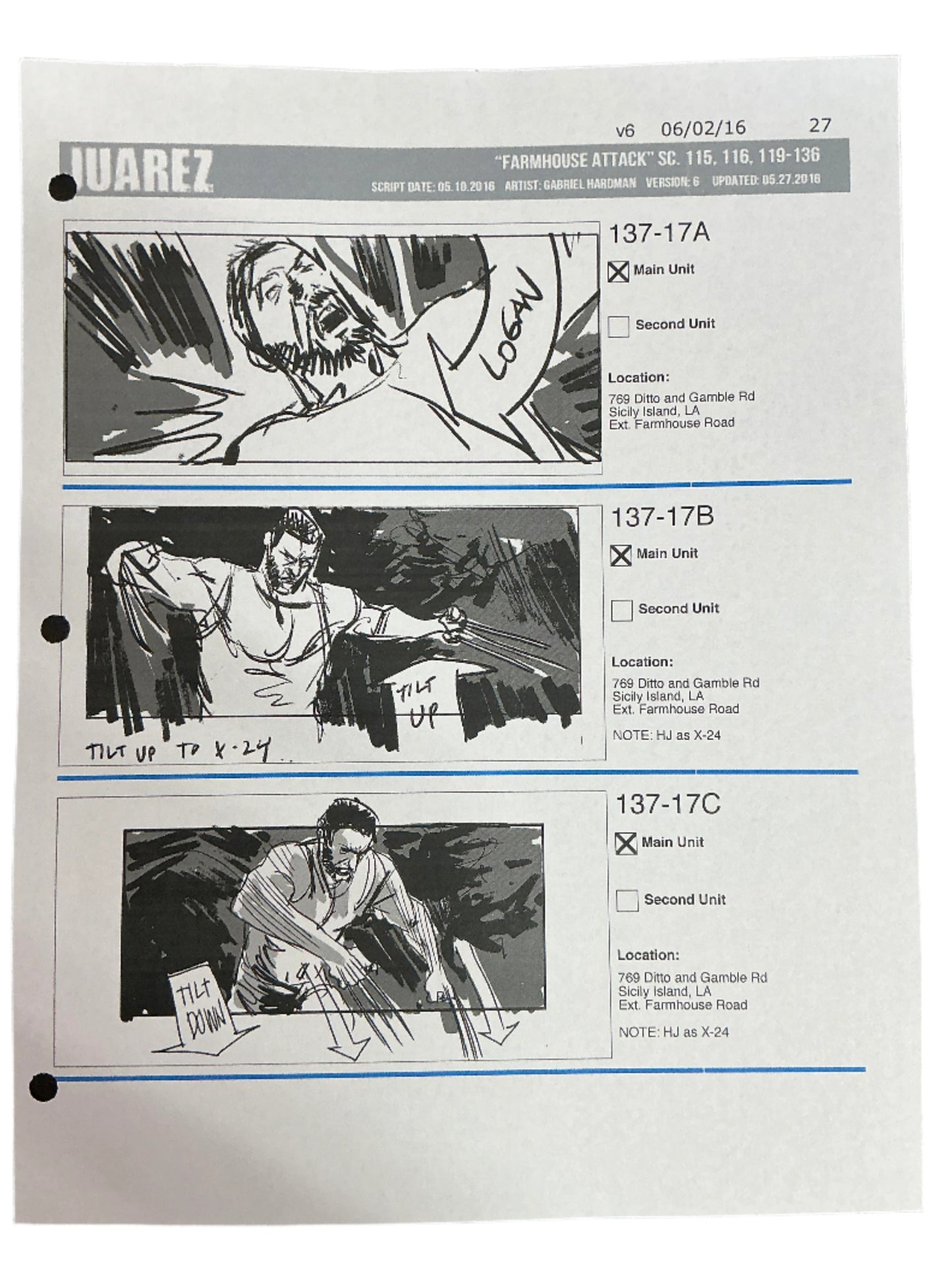 Storyboards Juarez Scene 115, 116, 119-136 Logan (2017)
