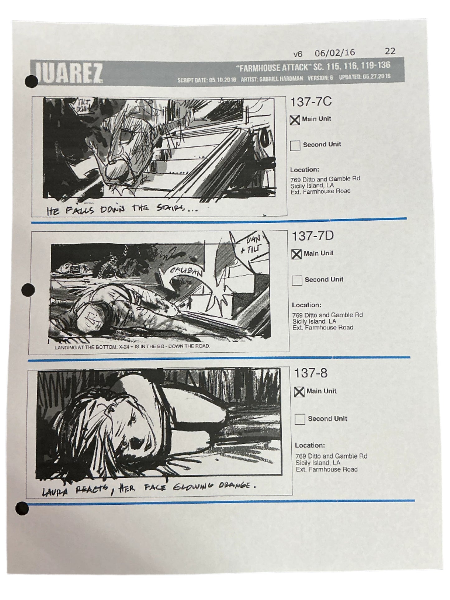 Storyboards Juarez Scene 115, 116, 119-136 Logan (2017) Memorabilia Y'allywood Props Paper 22