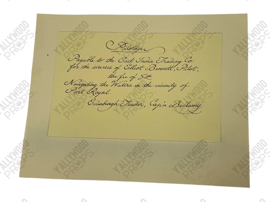 Captain Bellamy's Pilotage bill to East India Trading Co Pirates of the Caribbean: Dead Men Tell No Tales (2017) Movie Prop Y'allywood Props
