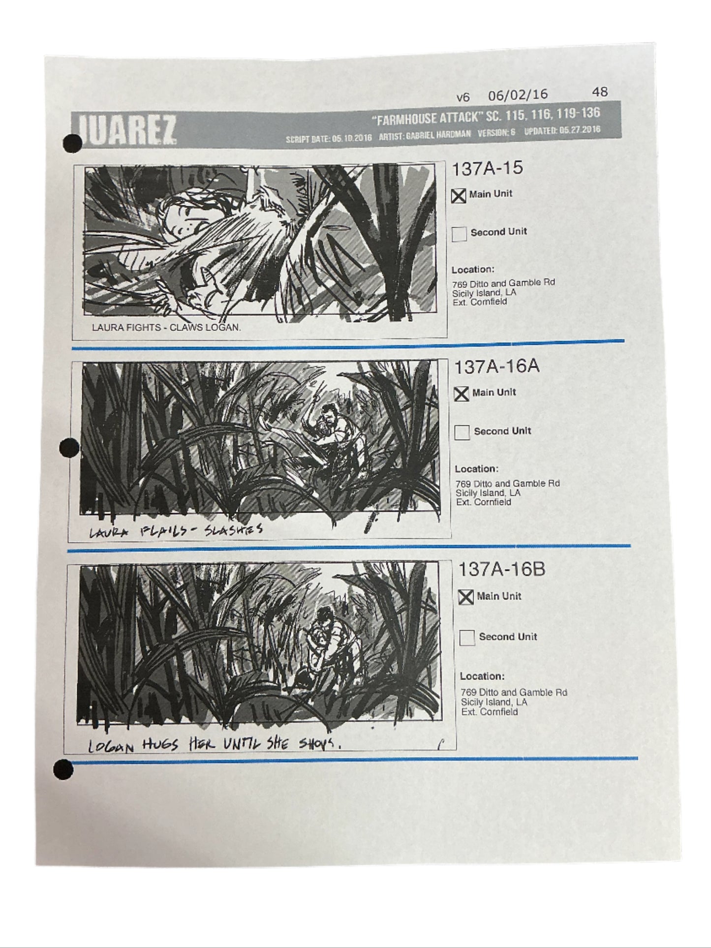 Storyboards Juarez Scene 115, 116, 119-136 Logan (2017)