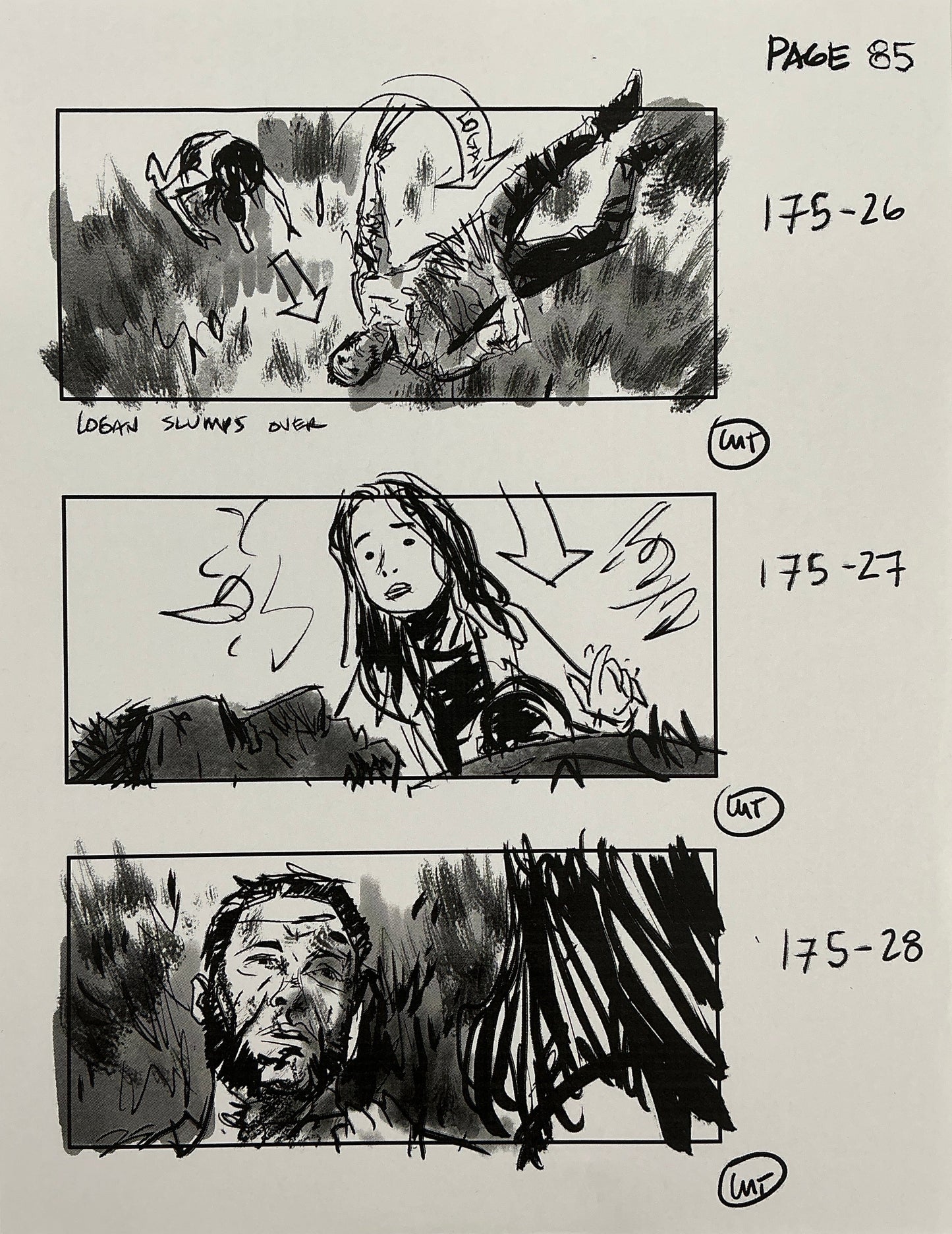 Hand-drawn storyboard page 85 with three sketched scenes showing characters in action sequences, numbered 175-26 through 175-